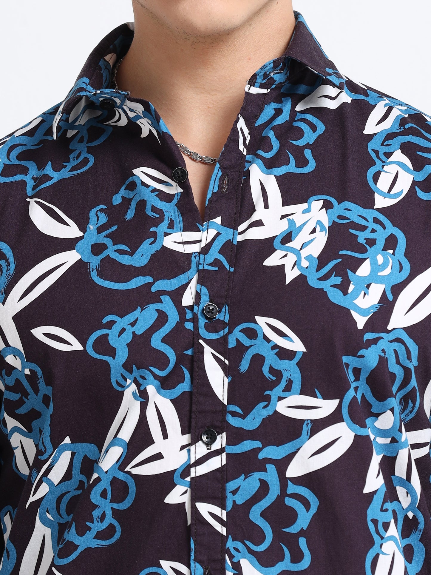 Men’s Navy & Sky Blue Tropical Leaf Printed Cotton Shirt by Black Thread