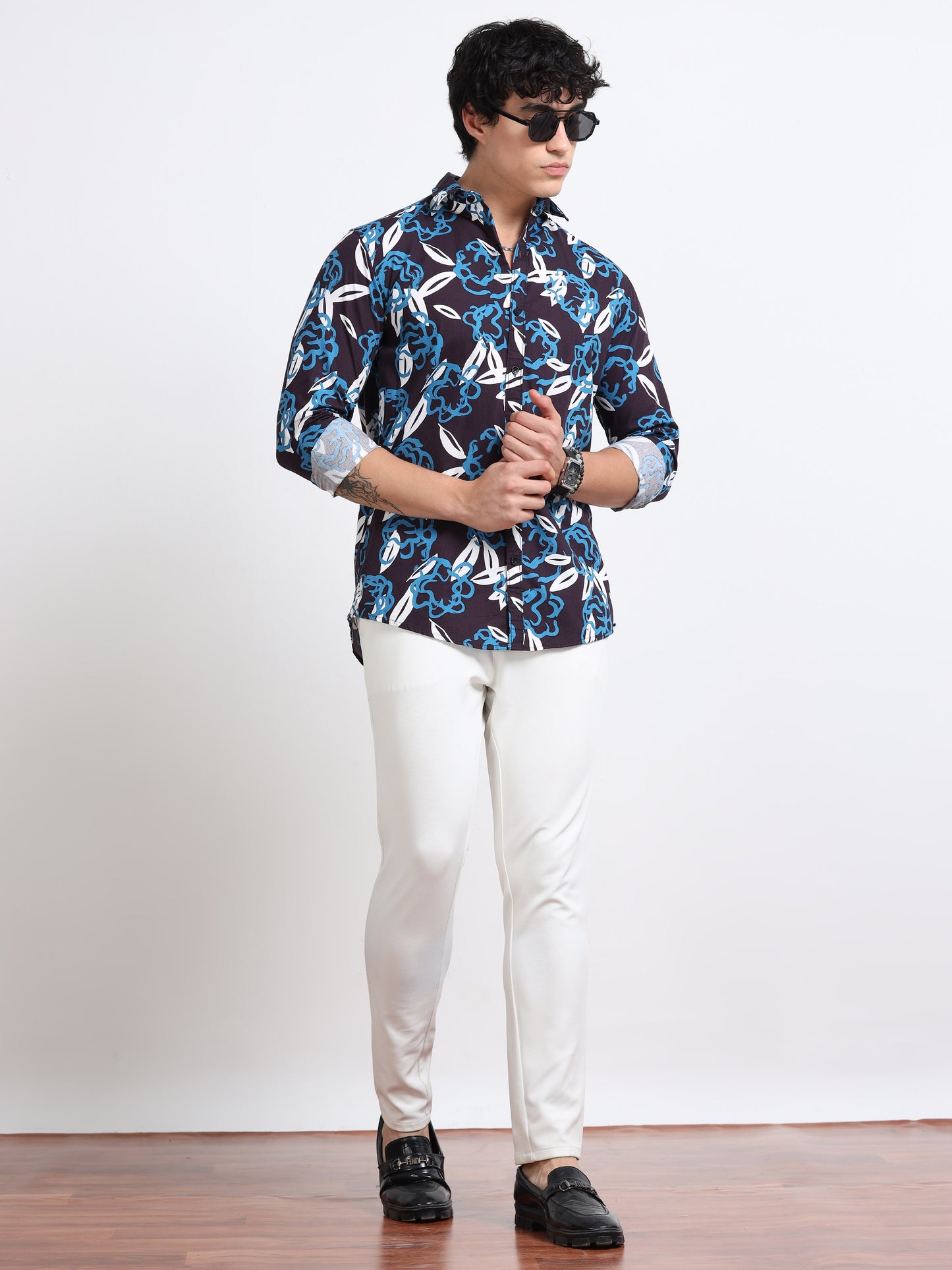 Men’s Navy & Sky Blue Tropical Leaf Printed Cotton Shirt by Black Thread