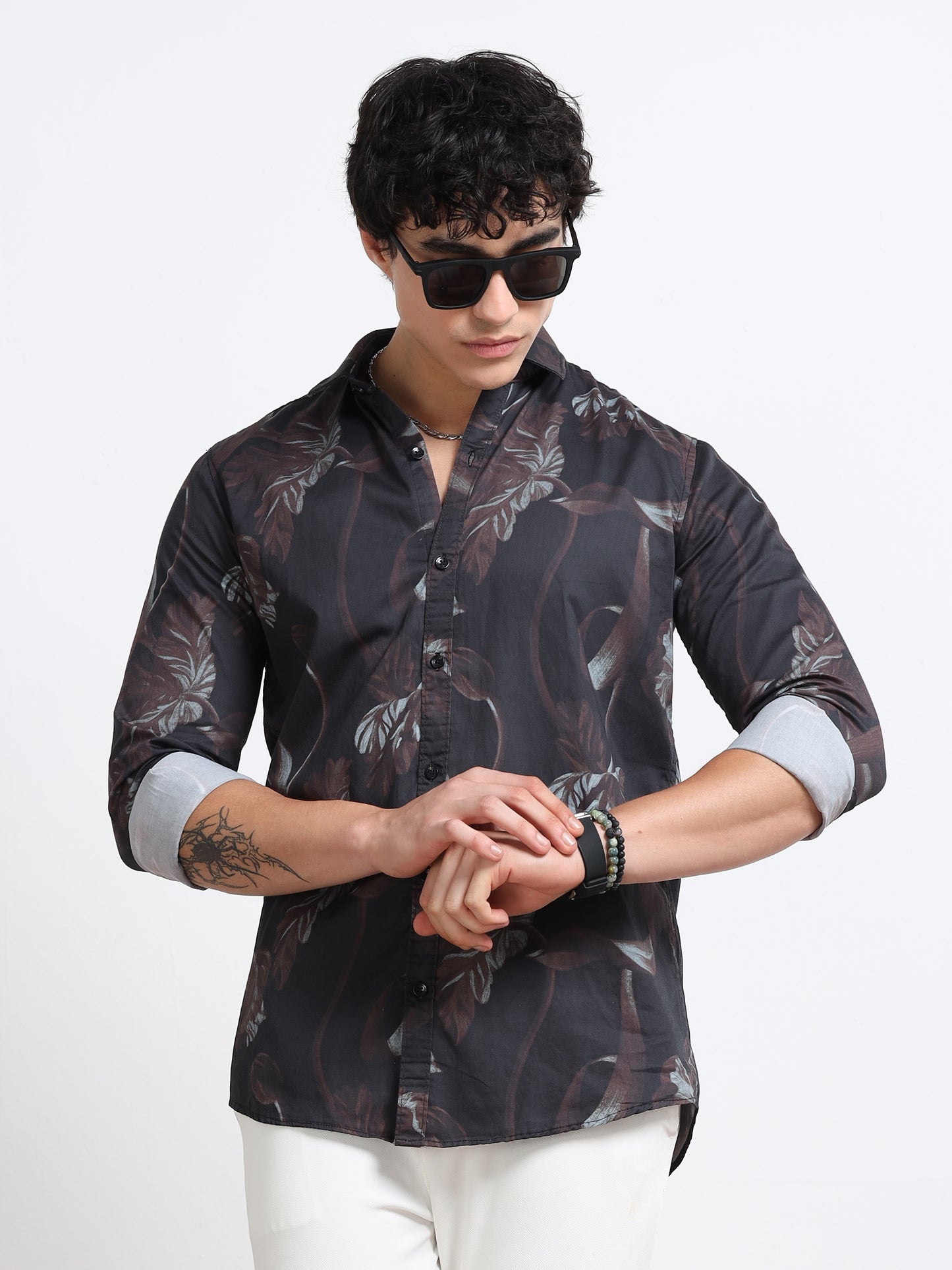 Men’s Black & Maroon Abstract Leaf Printed Cotton Shirt by Black Thread