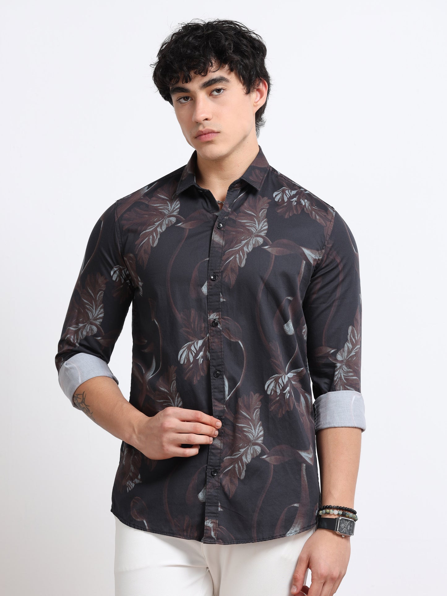 Men’s Black & Maroon Abstract Leaf Printed Cotton Shirt by Black Thread
