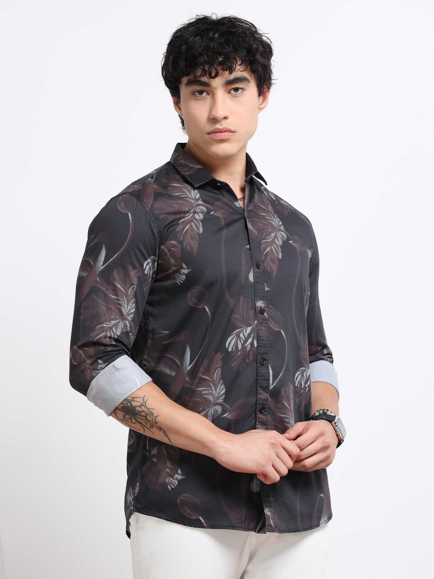 Men’s Black & Maroon Abstract Leaf Printed Cotton Shirt by Black Thread