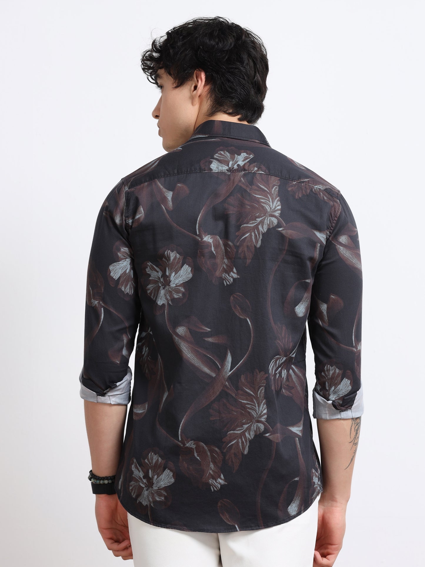 Men’s Black & Maroon Abstract Leaf Printed Cotton Shirt by Black Thread