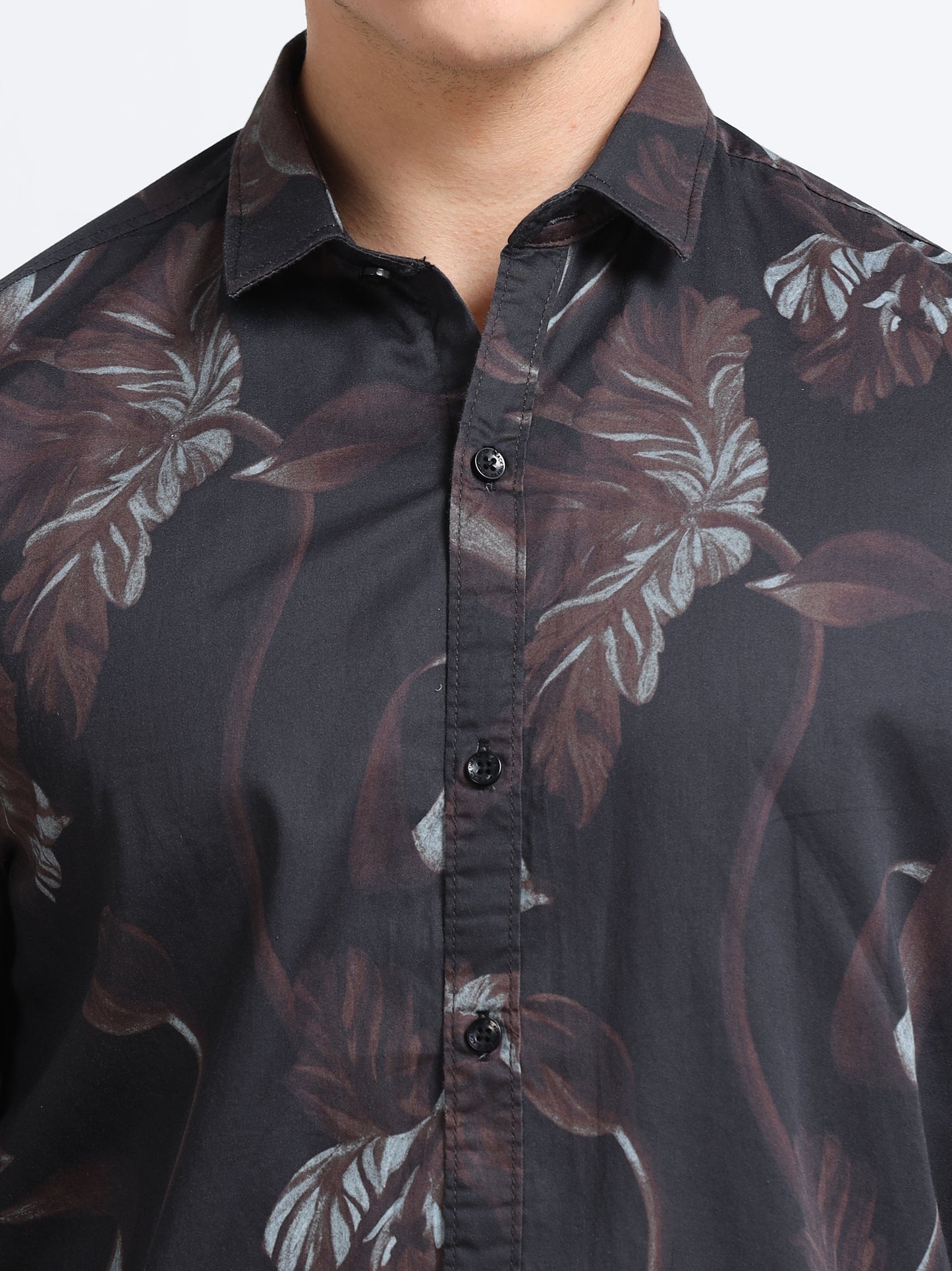 Men’s Black & Maroon Abstract Leaf Printed Cotton Shirt by Black Thread