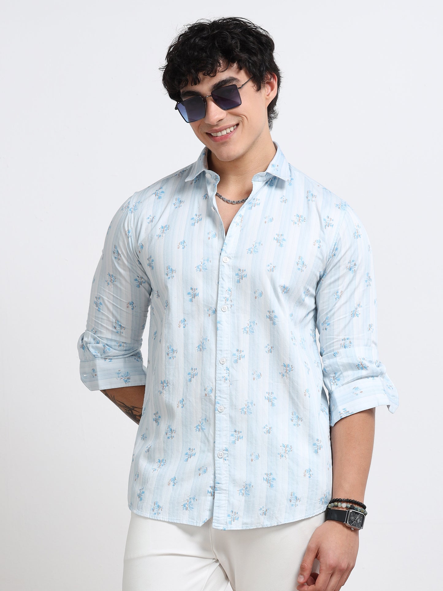 Men’s Light Blue Palm Print Cotton Shirt