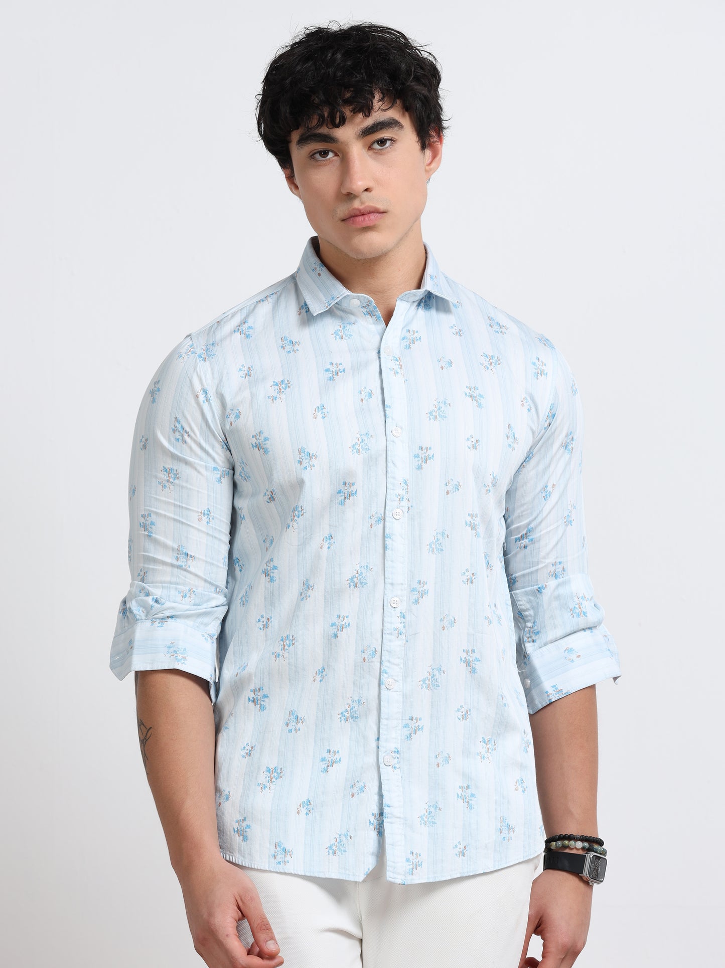 Men’s Light Blue Palm Print Cotton Shirt