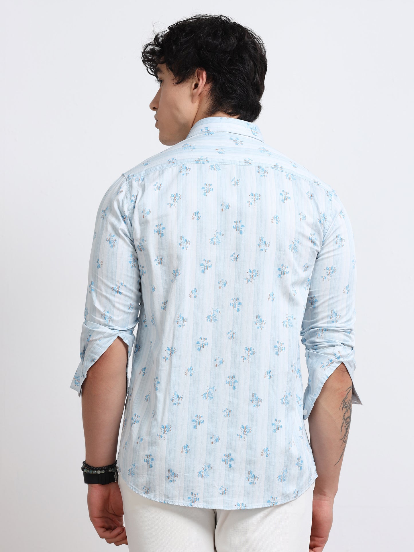Men’s Light Blue Palm Print Cotton Shirt