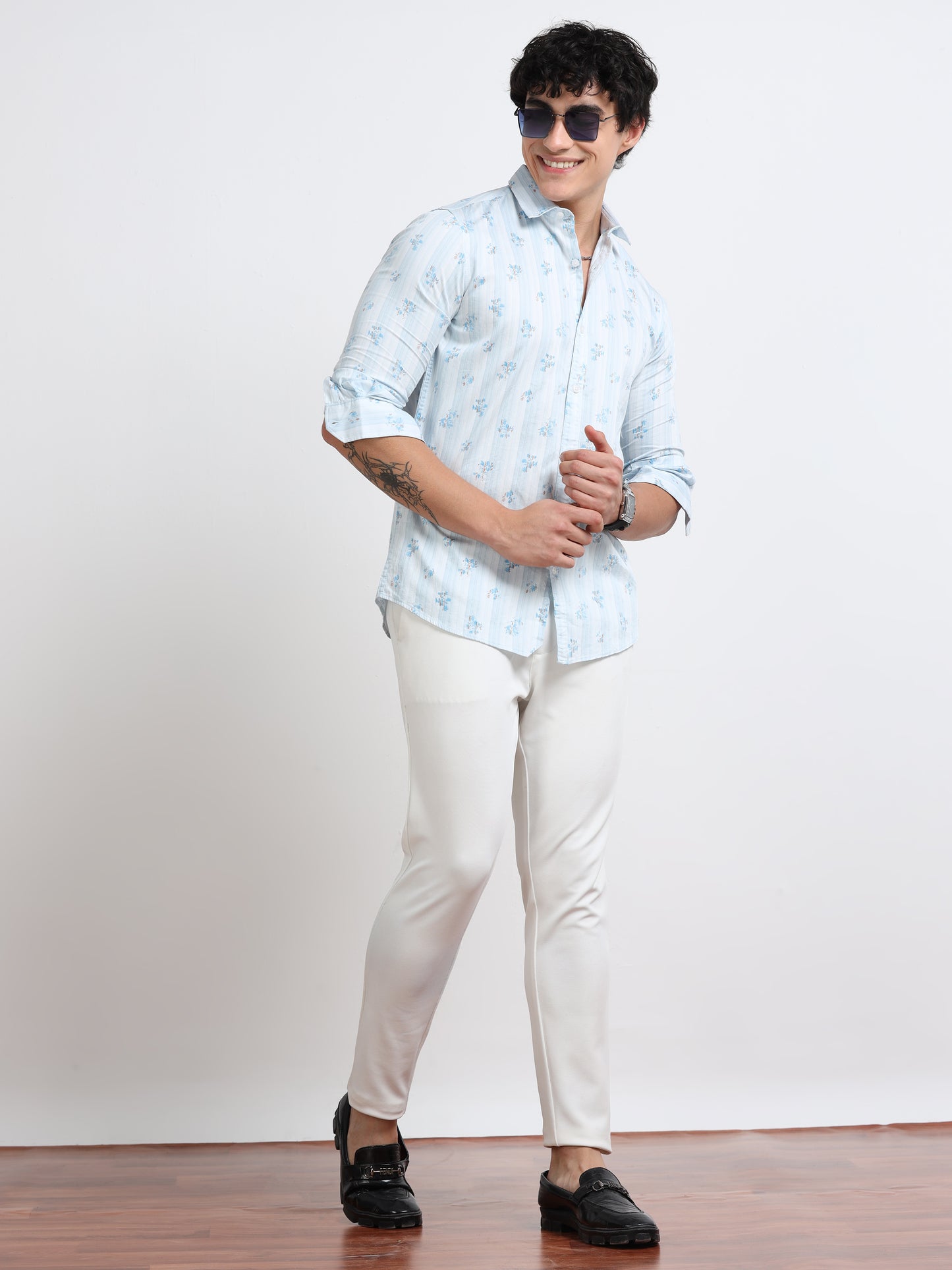 Men’s Light Blue Palm Print Cotton Shirt
