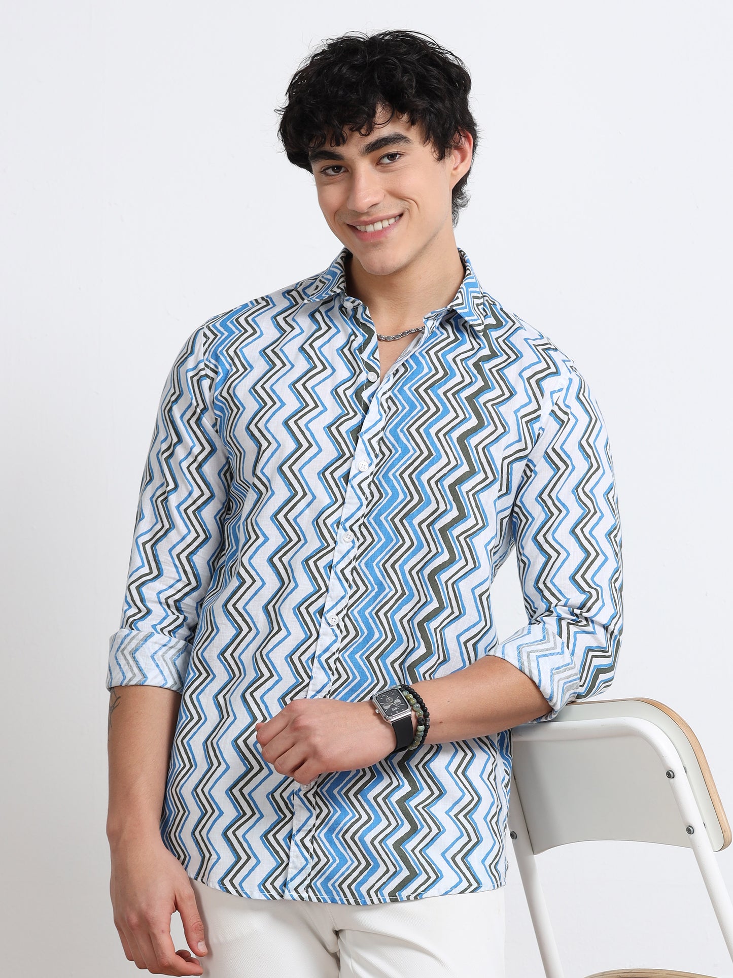 Men’s Blue Zig-Zag Pattern Cotton Shirt