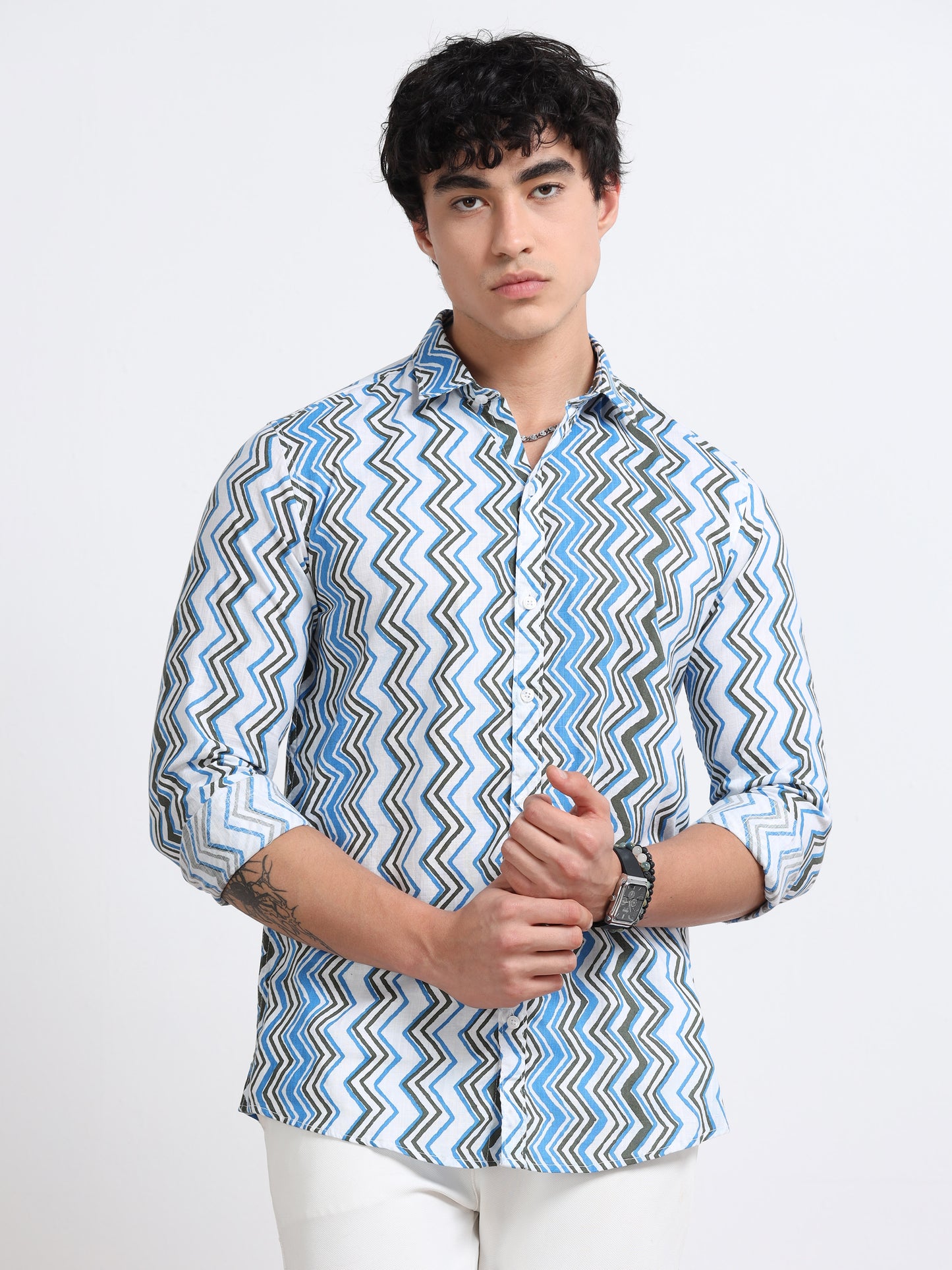 Men’s Blue Zig-Zag Pattern Cotton Shirt