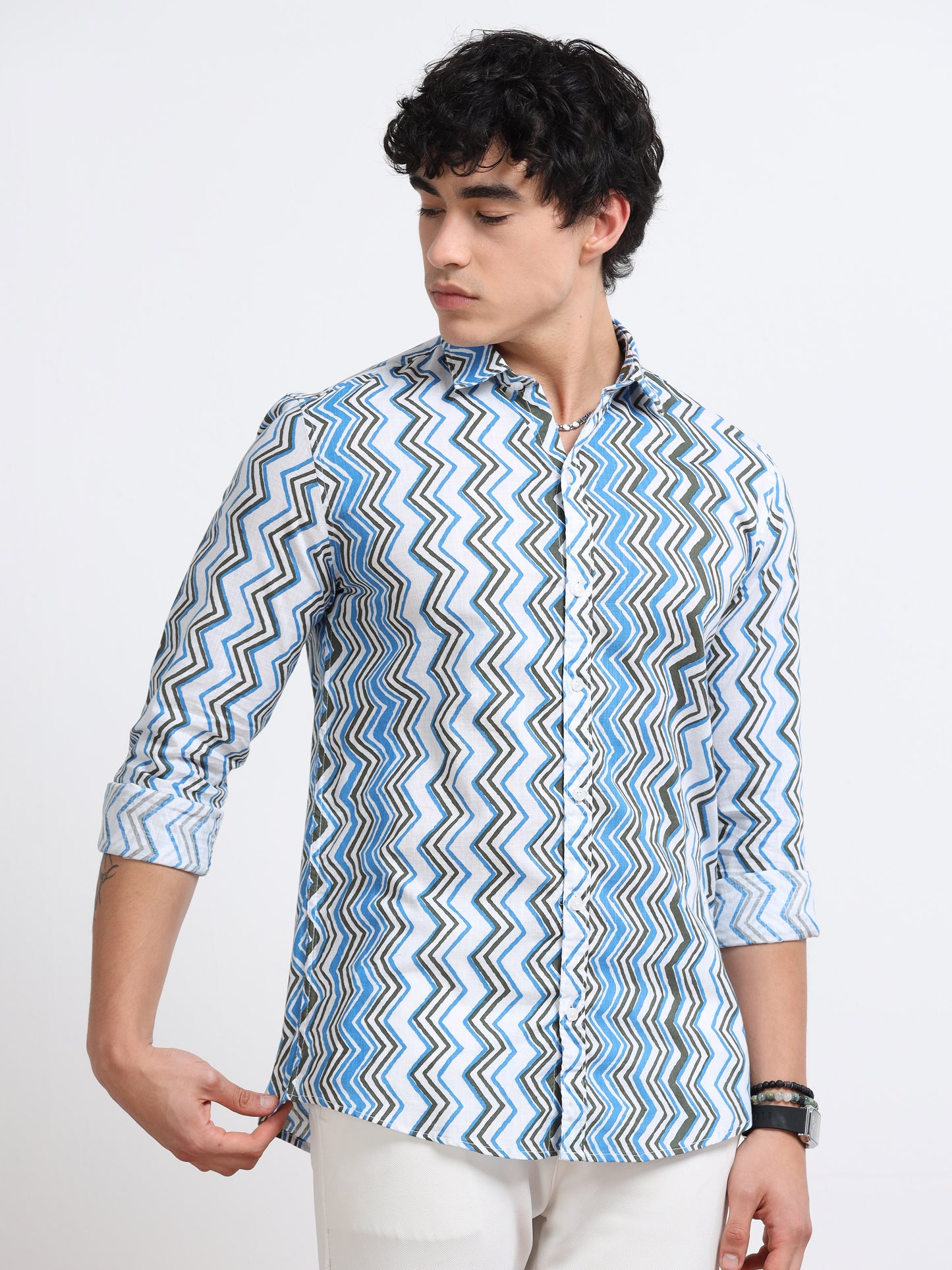 Men’s Blue Zig-Zag Pattern Cotton Shirt