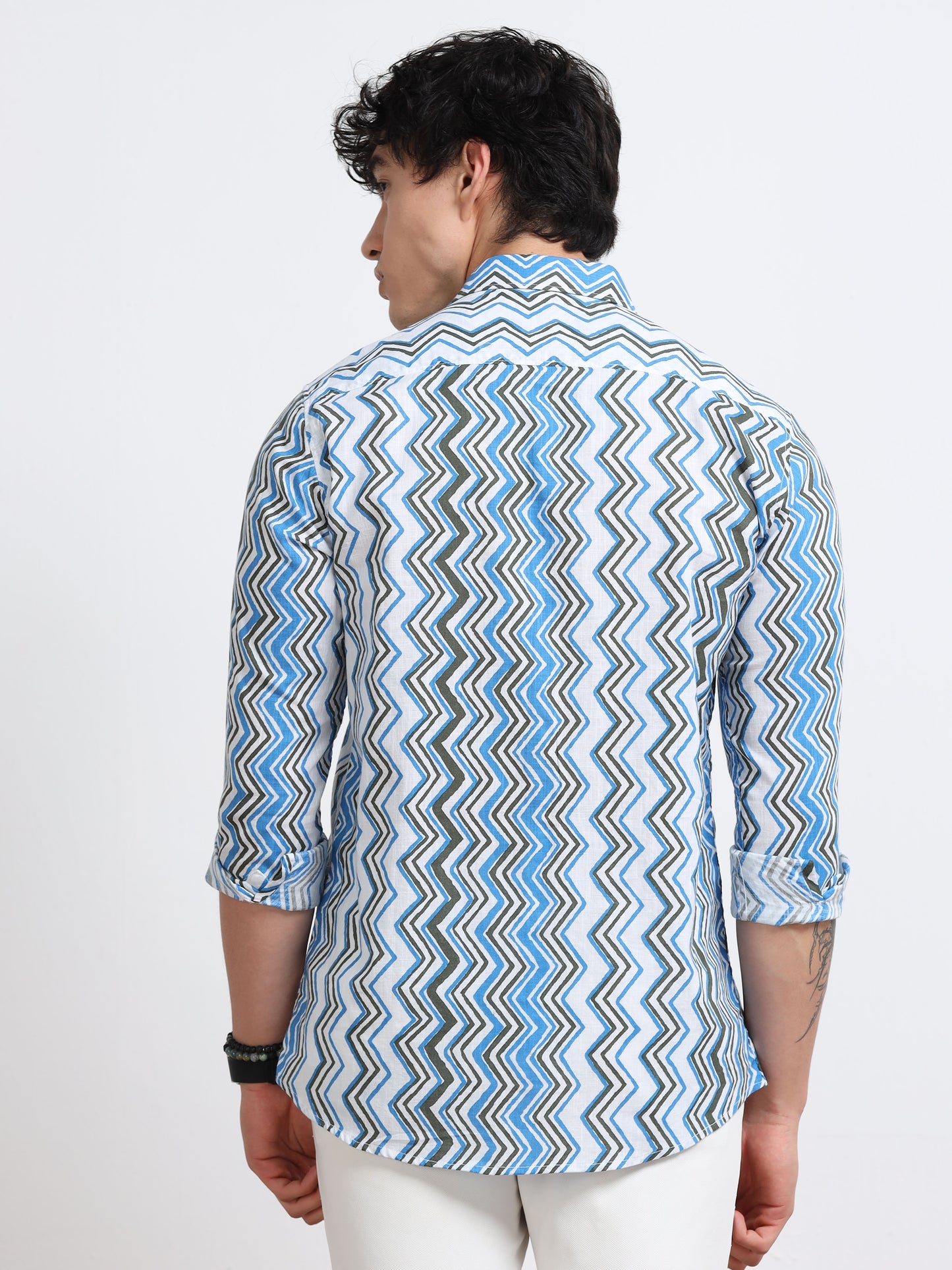 Men’s Blue Zig-Zag Pattern Cotton Shirt