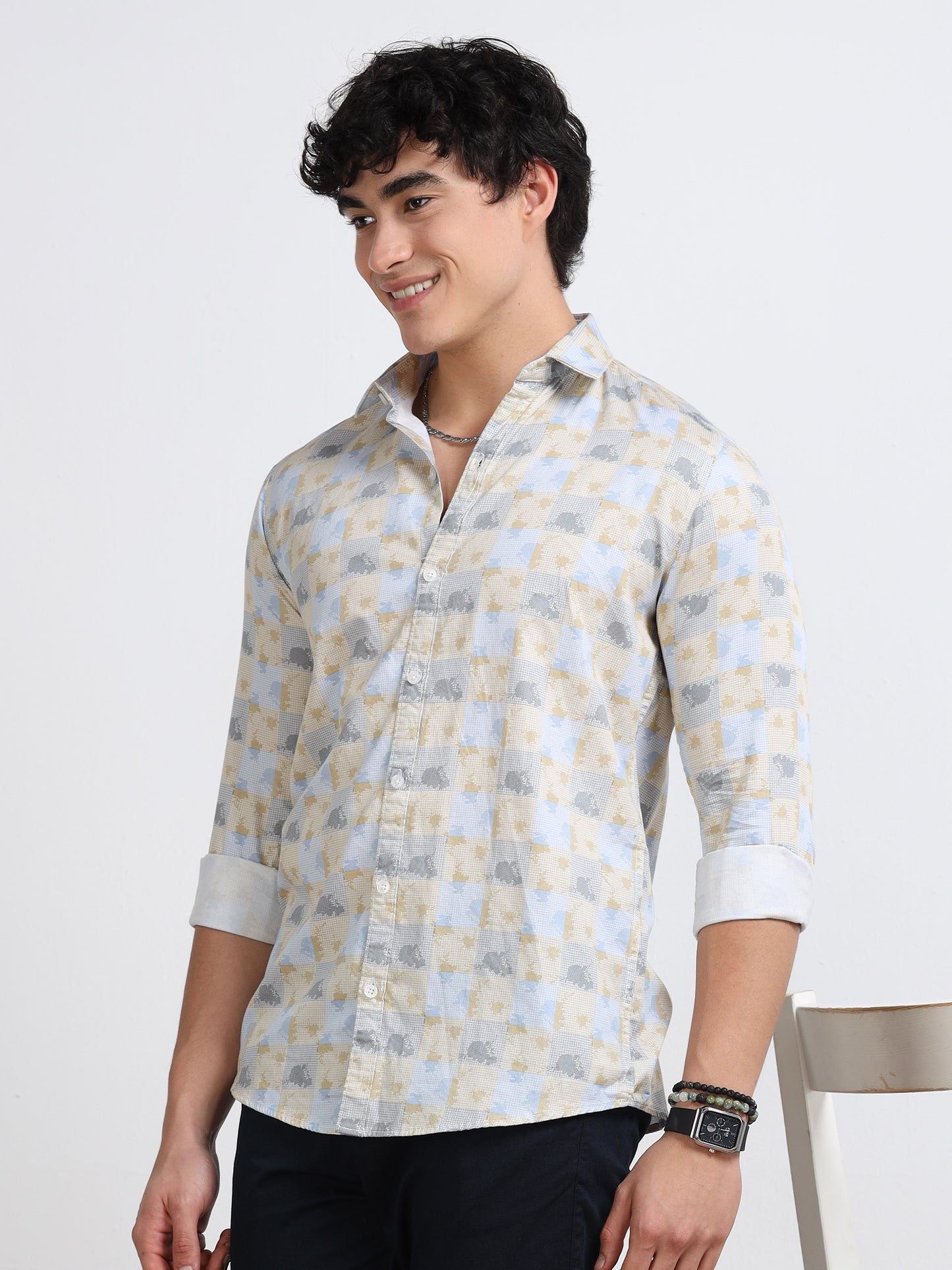 Men’s Beige &amp; Yellow Geometric Cotton Shirt