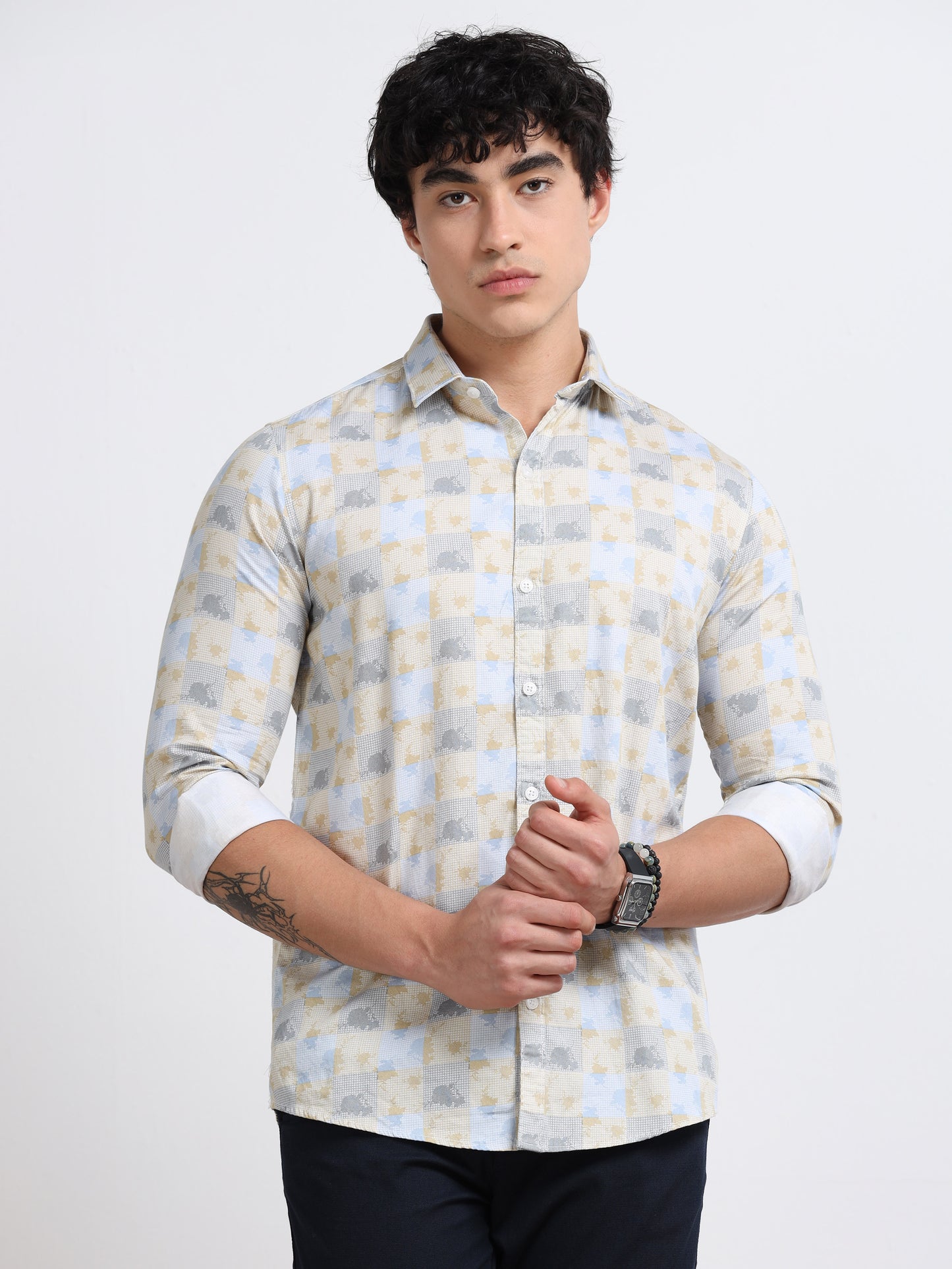 Men’s Beige &amp; Yellow Geometric Cotton Shirt