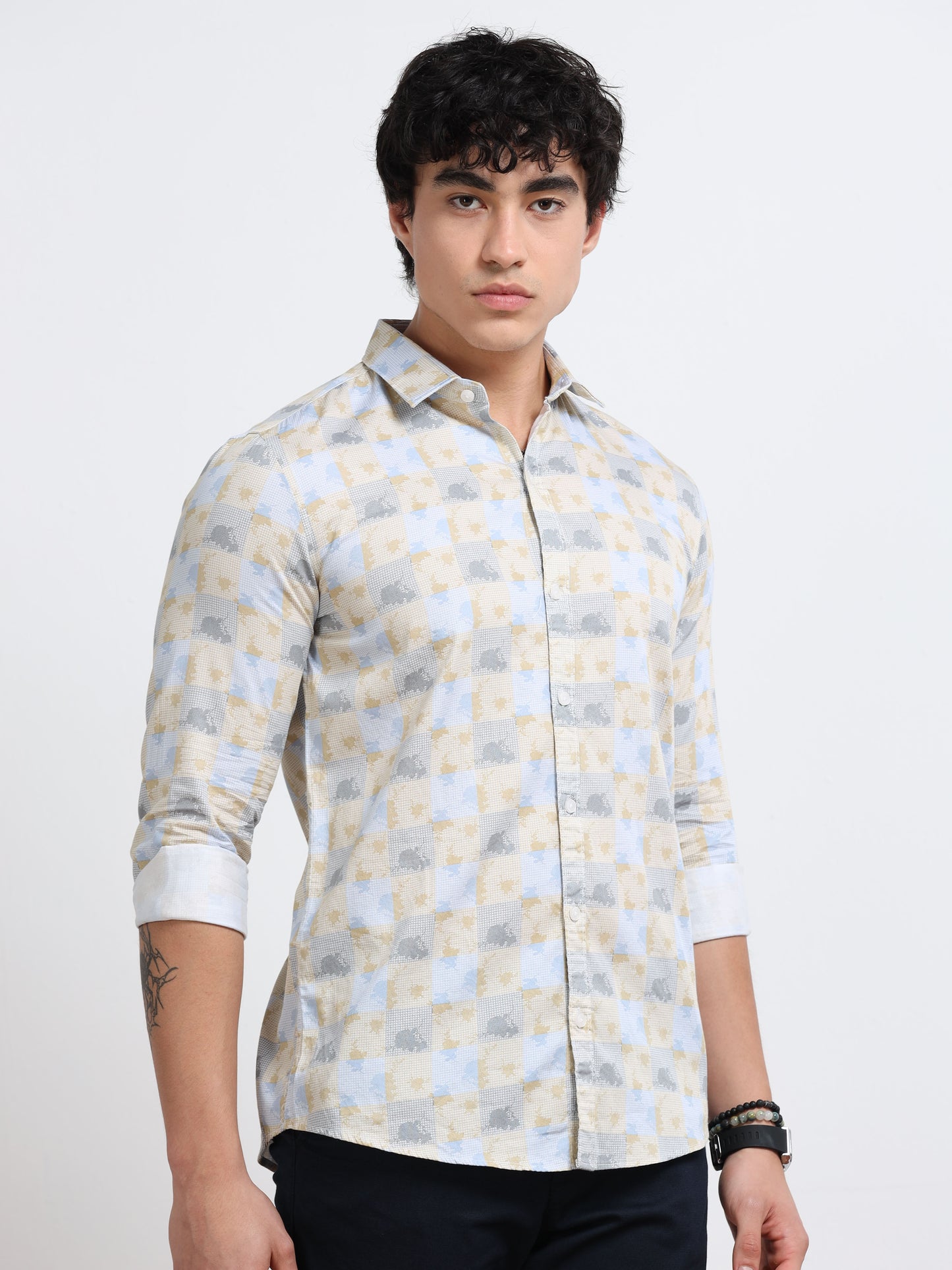 Men’s Beige &amp; Yellow Geometric Cotton Shirt