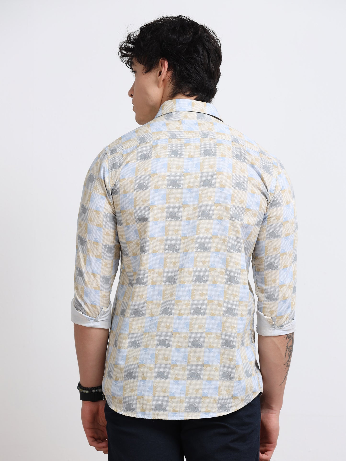 Men’s Beige &amp; Yellow Geometric Cotton Shirt