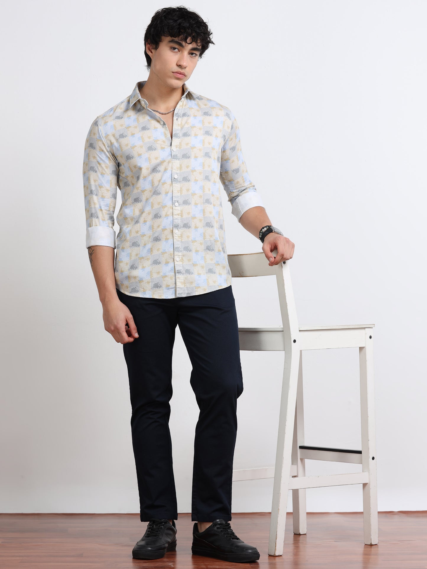Men’s Beige &amp; Yellow Geometric Cotton Shirt