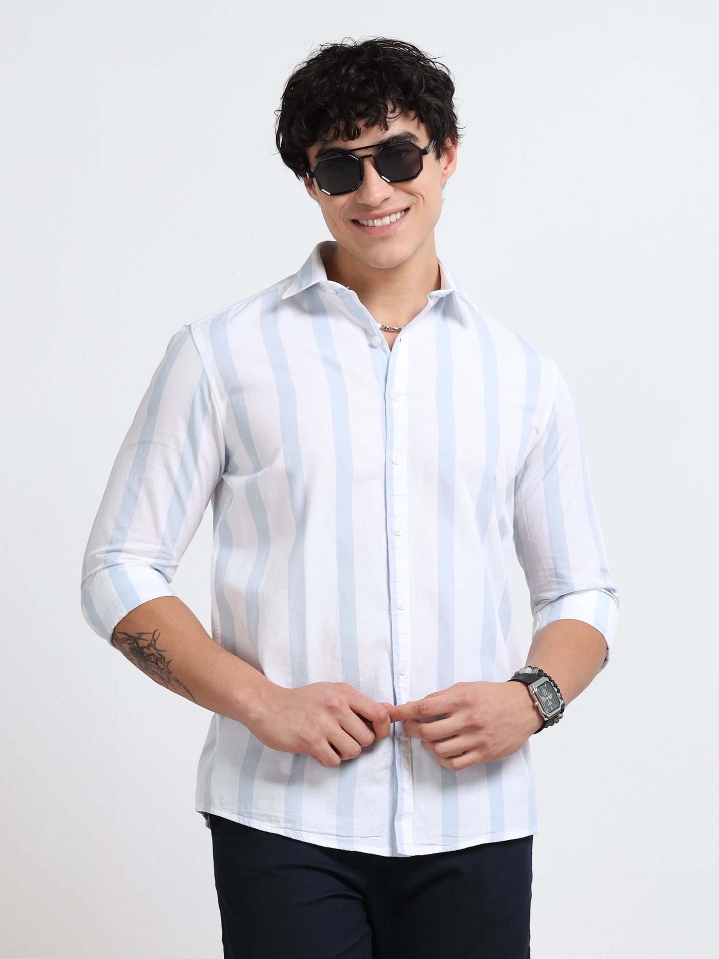 Men’s White &amp; Sky Blue Stripe Cotton Shirt