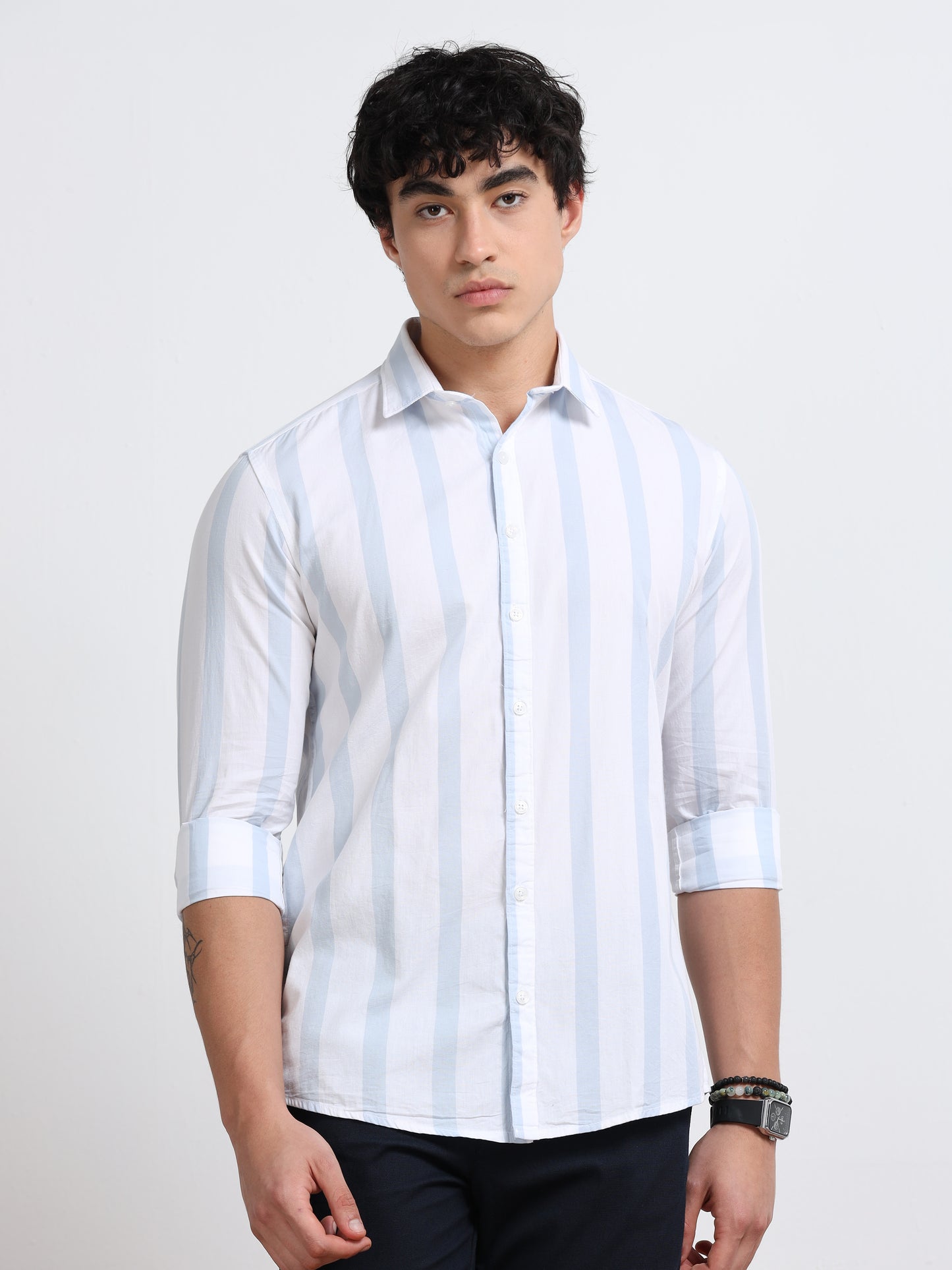 Men’s White &amp; Sky Blue Stripe Cotton Shirt