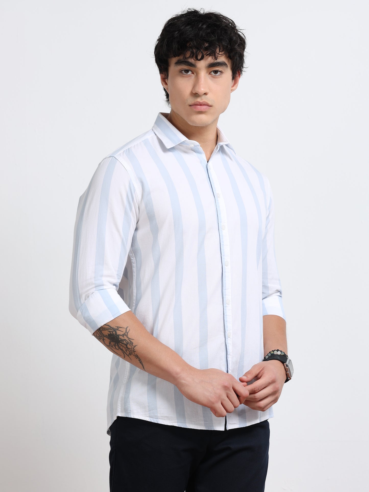 Men’s White &amp; Sky Blue Stripe Cotton Shirt