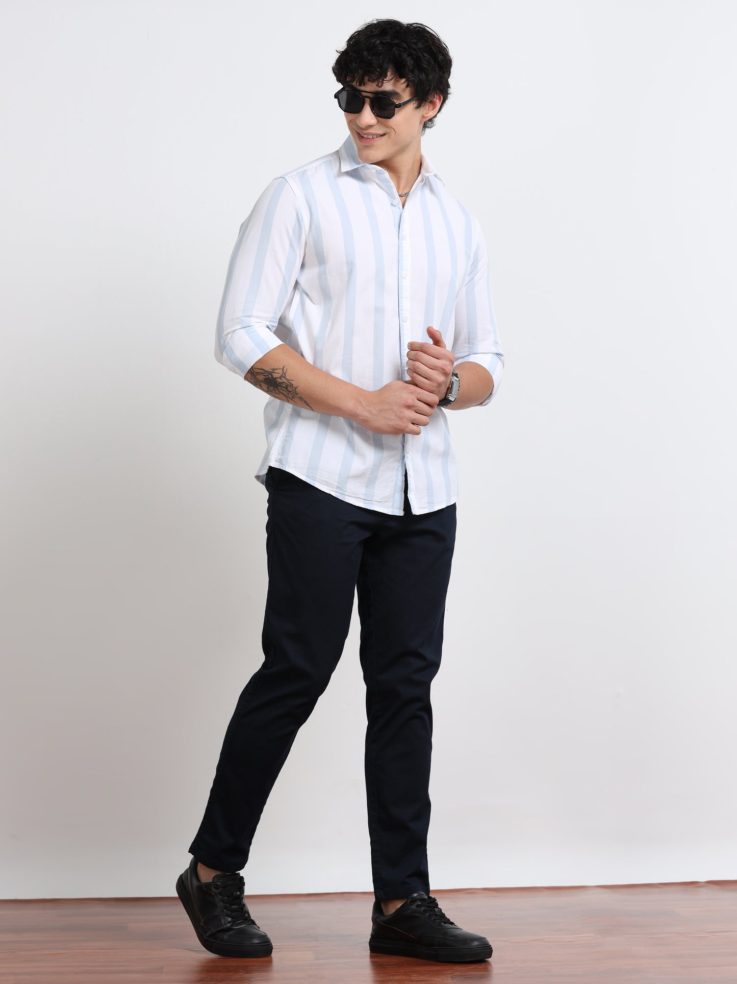 Men’s White &amp; Sky Blue Stripe Cotton Shirt