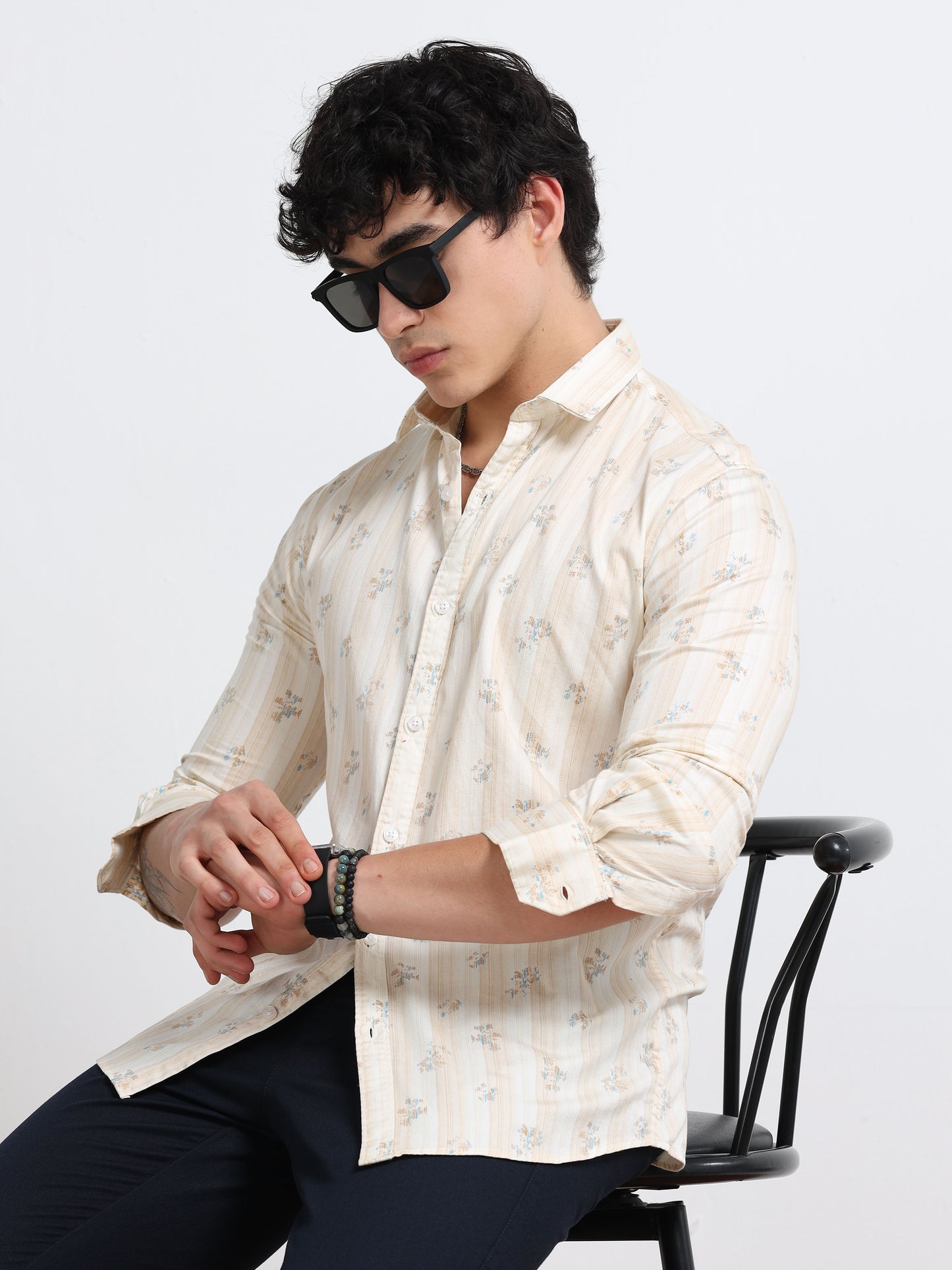 Men’s Cream &amp; Beige Printed Cotton Shirt