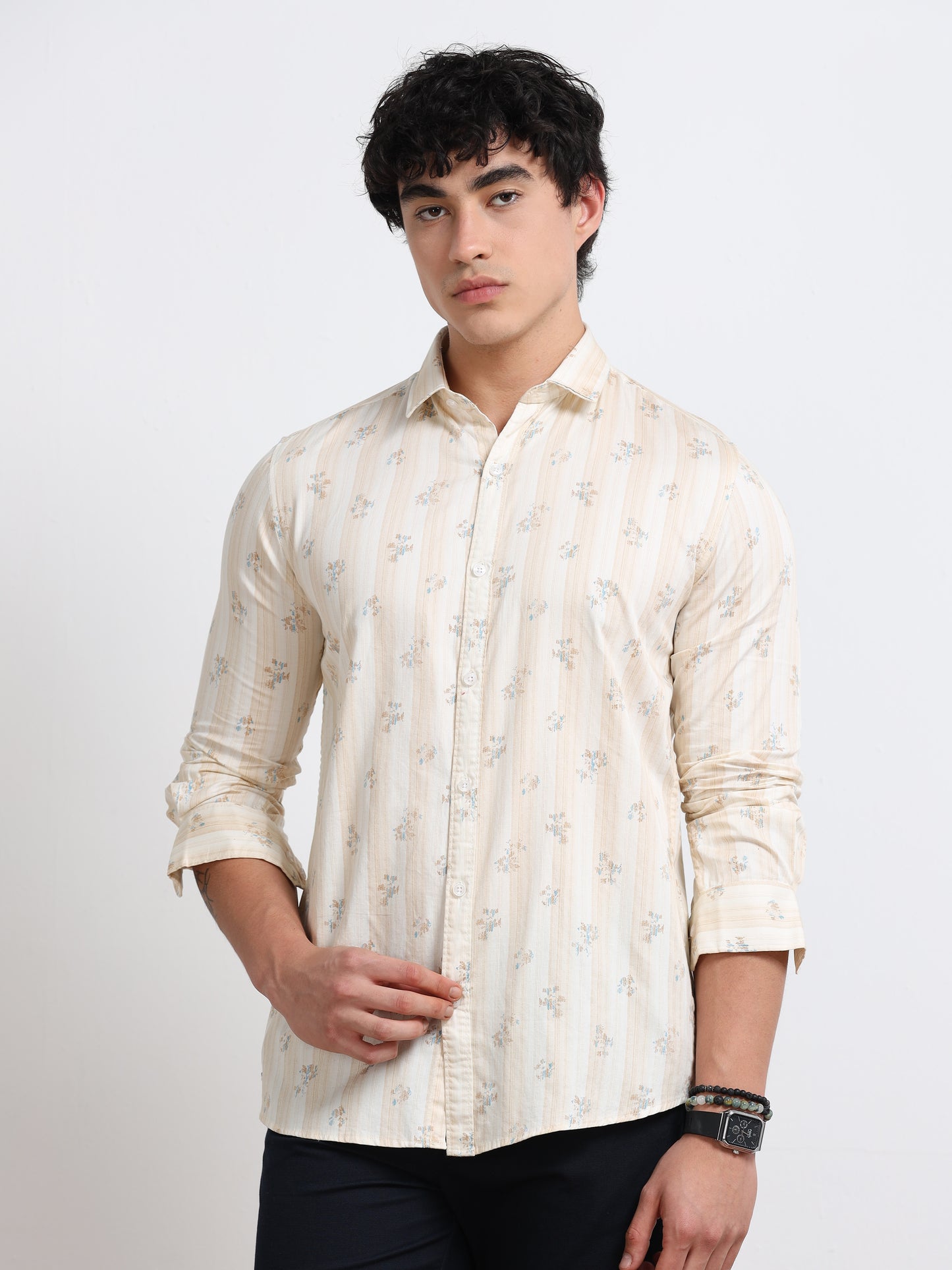 Men’s Cream &amp; Beige Printed Cotton Shirt
