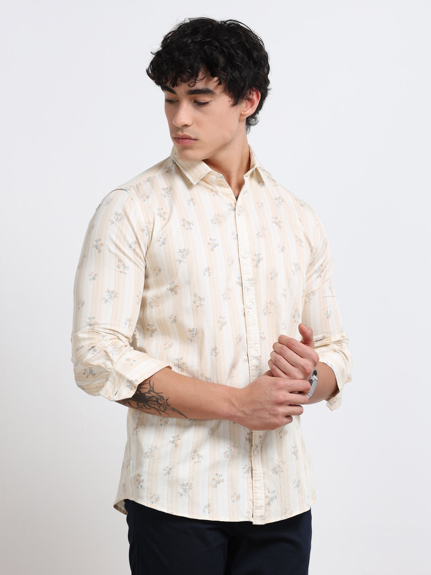 Men’s Cream &amp; Beige Printed Cotton Shirt