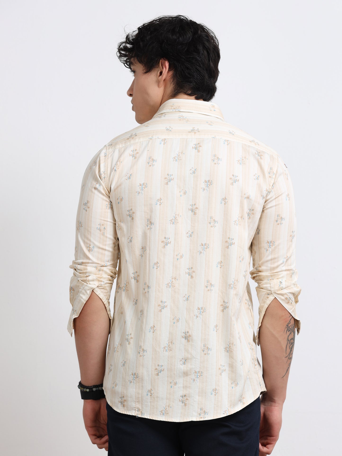 Men’s Cream &amp; Beige Printed Cotton Shirt