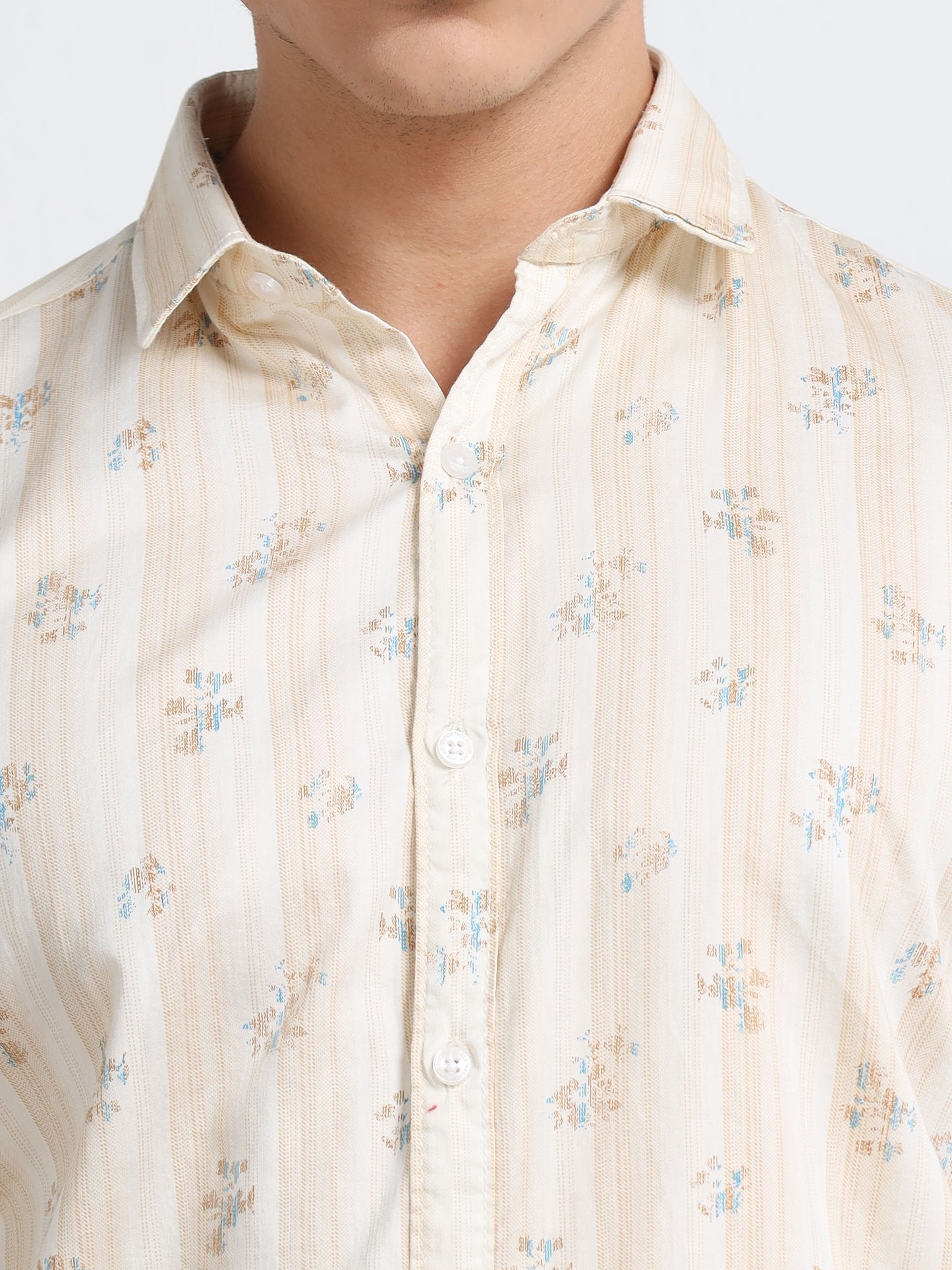Men’s Cream &amp; Beige Printed Cotton Shirt