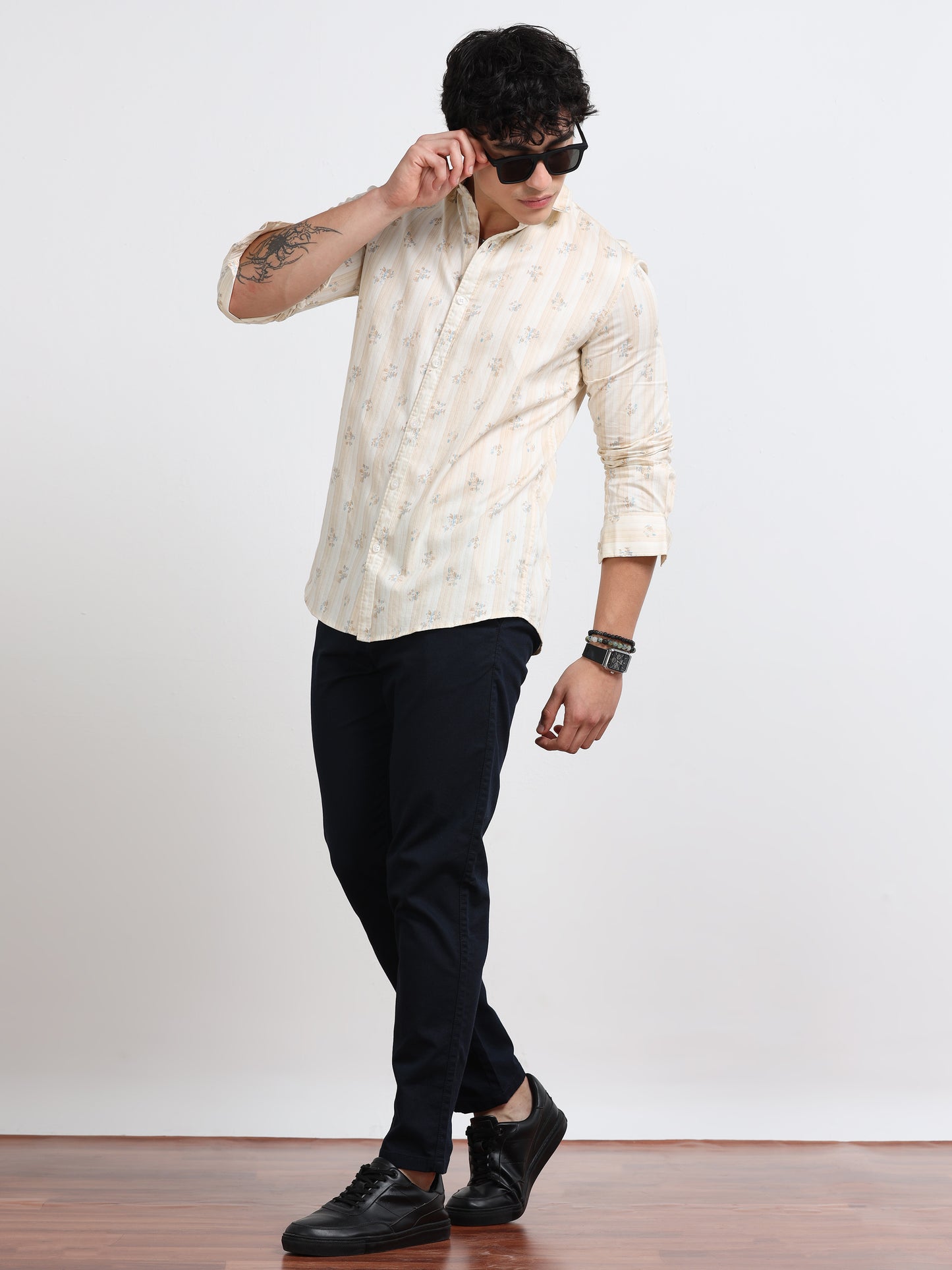 Men’s Cream &amp; Beige Printed Cotton Shirt