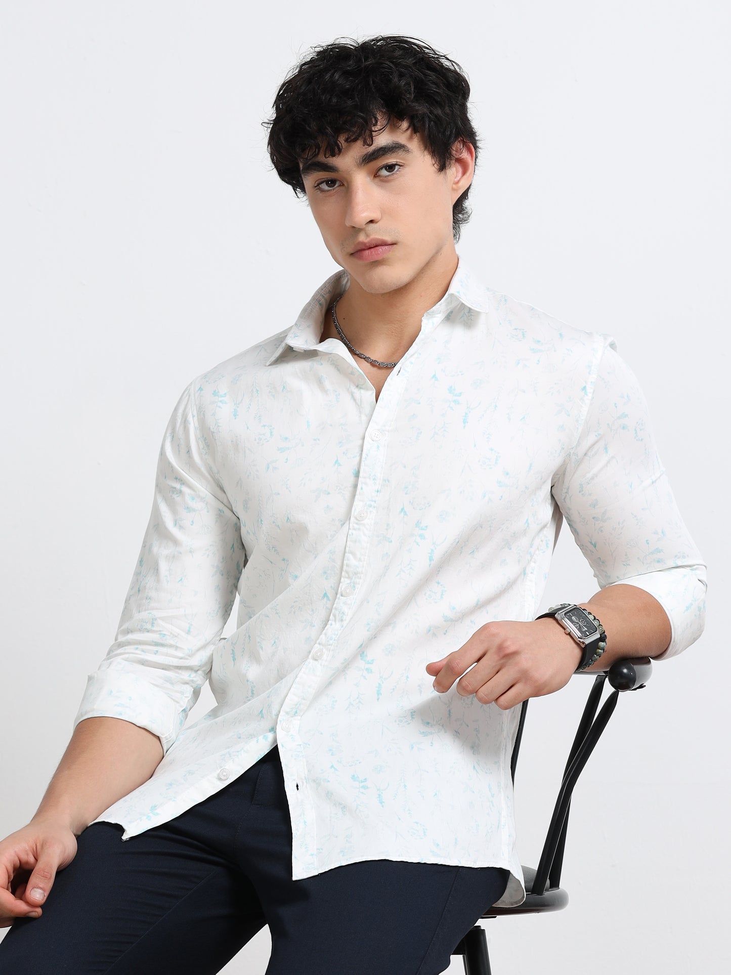 Men’s White &amp; Teal Minimal Printed Cotton Shirt