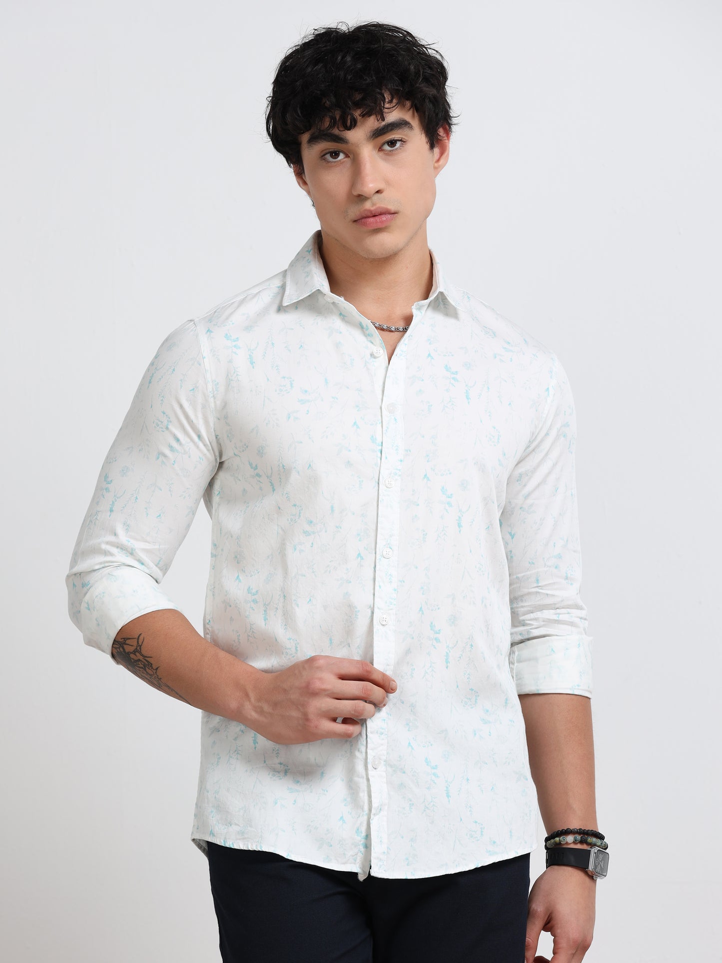 Men’s White &amp; Teal Minimal Printed Cotton Shirt