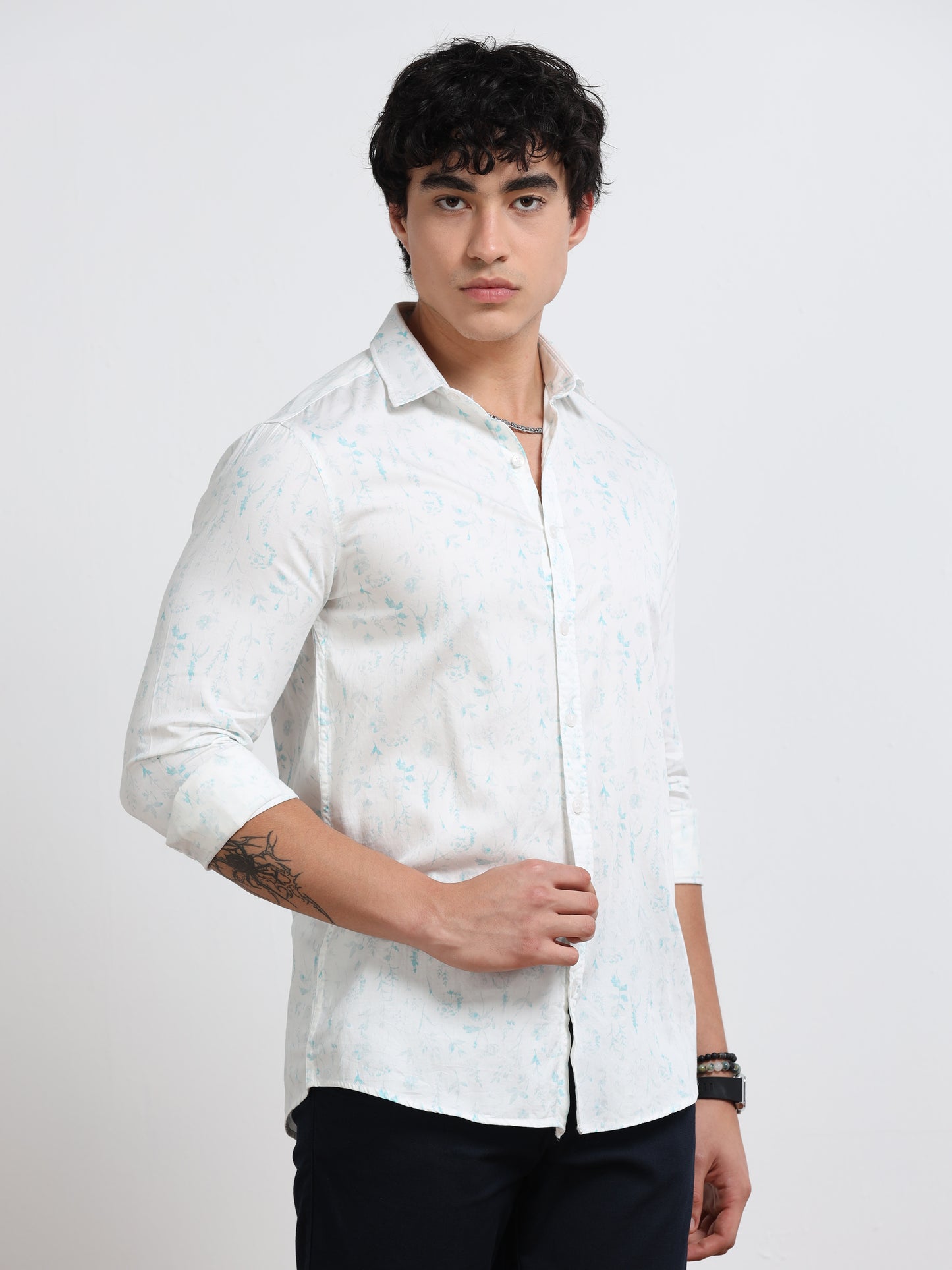 Men’s White &amp; Teal Minimal Printed Cotton Shirt
