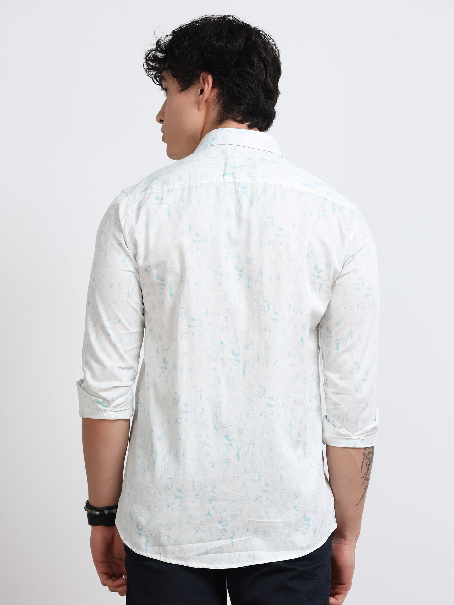 Men’s White &amp; Teal Minimal Printed Cotton Shirt