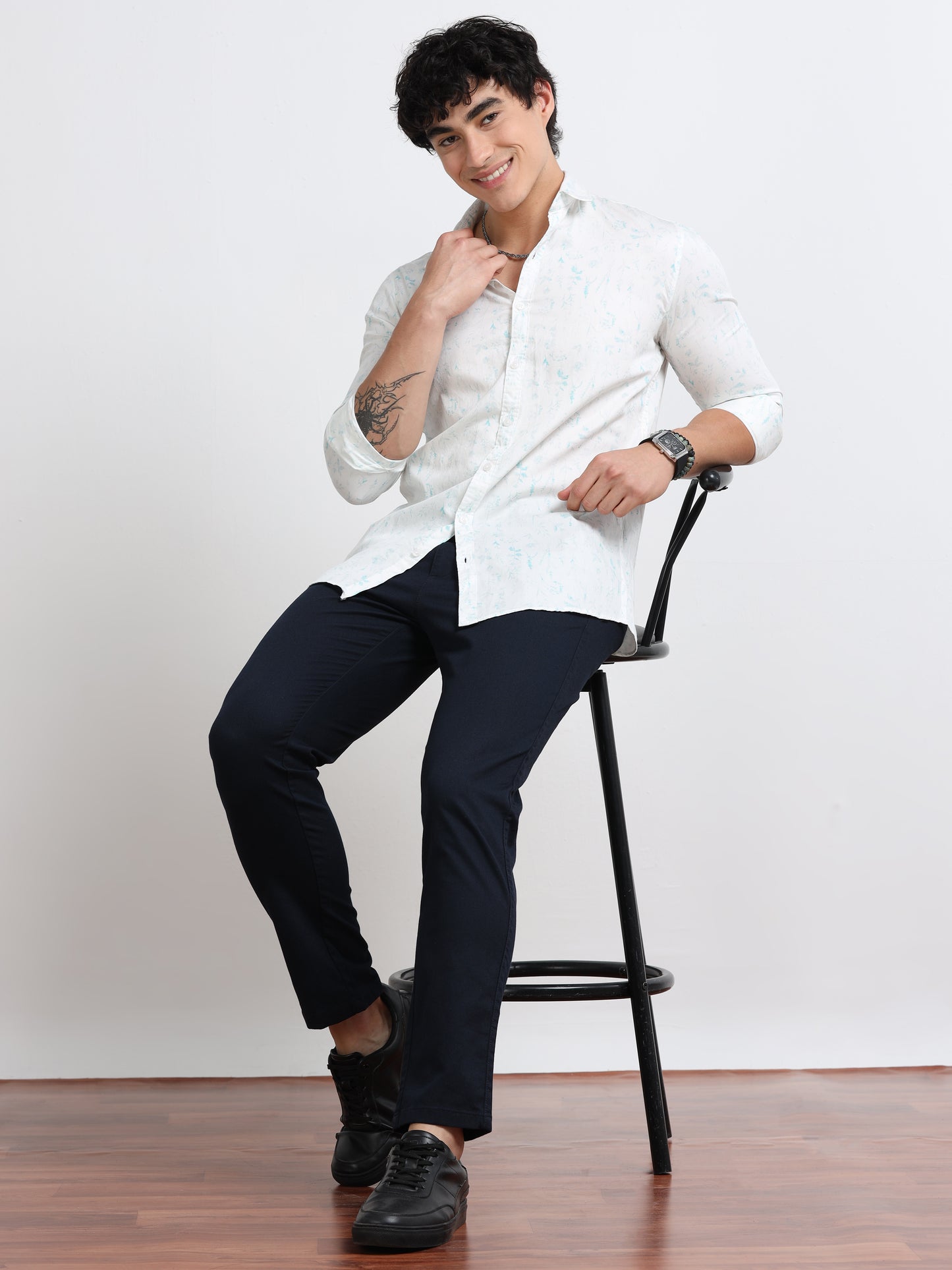 Men’s White &amp; Teal Minimal Printed Cotton Shirt