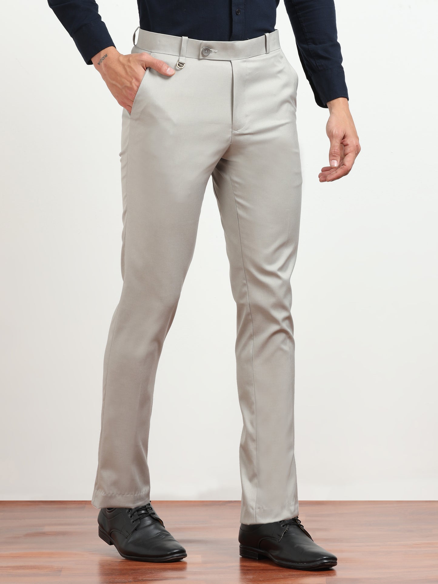 Men's Light Grey Formal Regular Fit Trousers