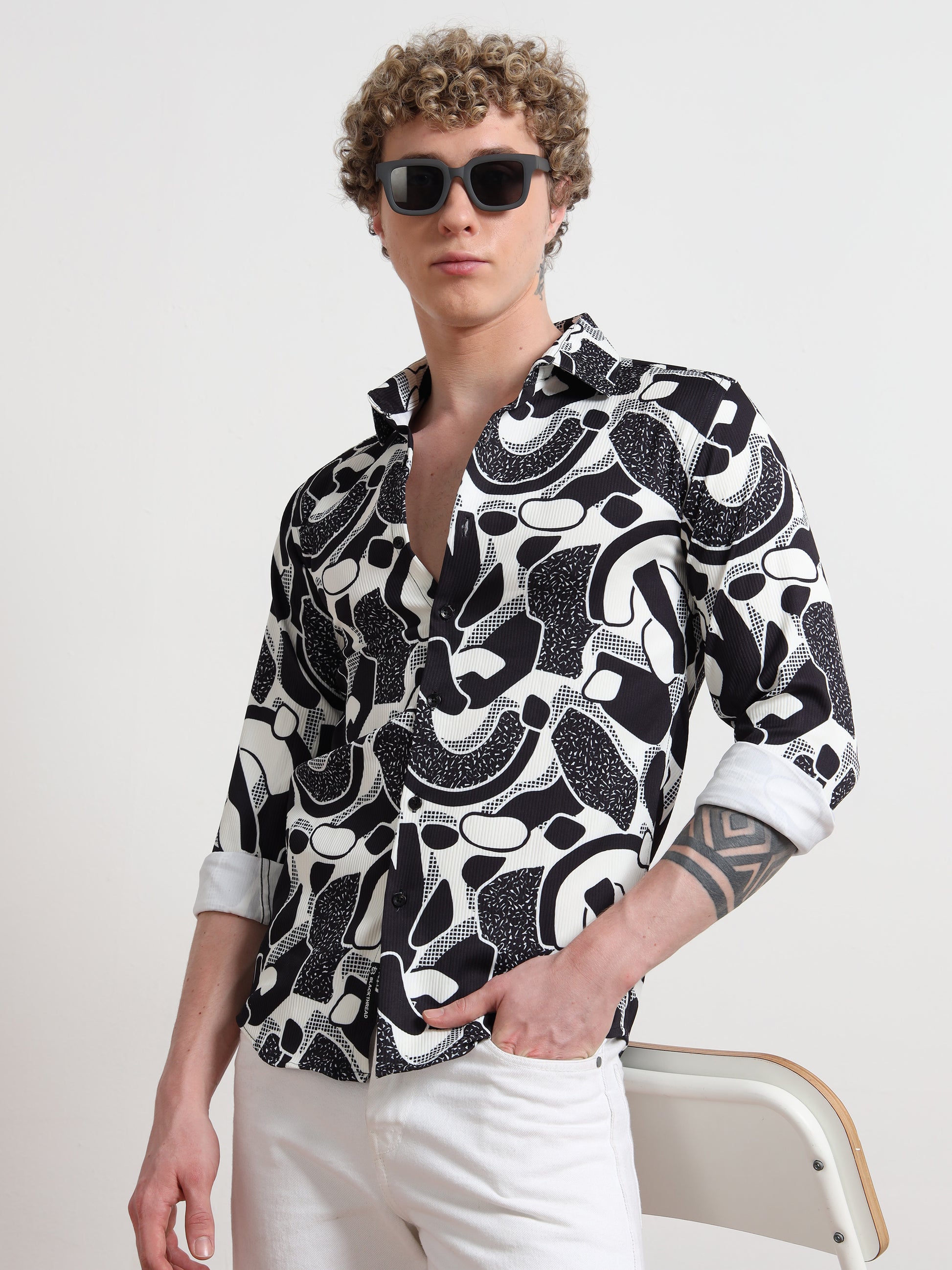 Poly Cotton Digital Black White Printed Shirt