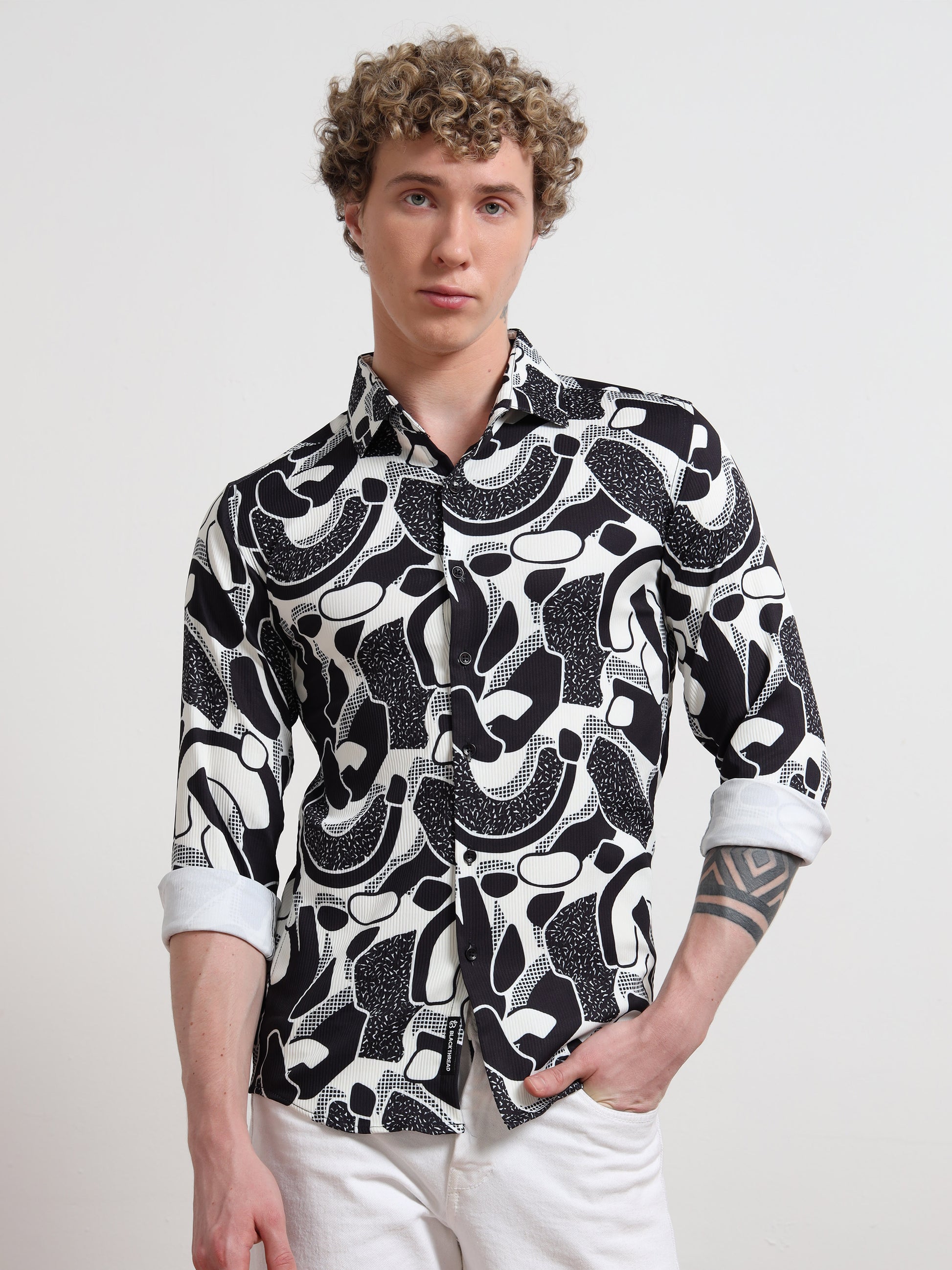 Poly Cotton Digital Black White Printed Shirt