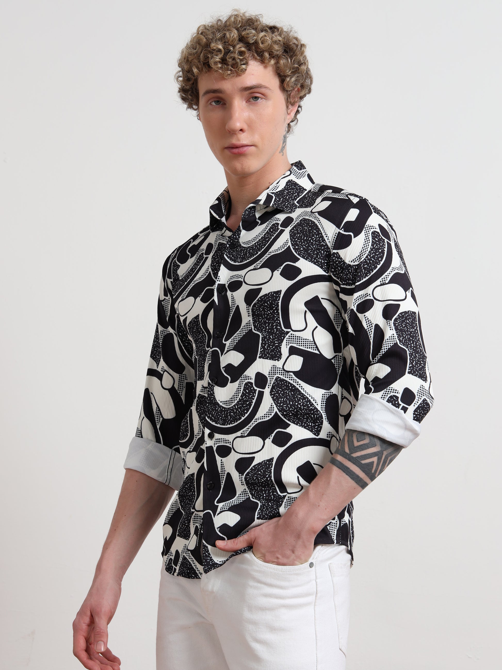 Poly Cotton Digital Black White Printed Shirt