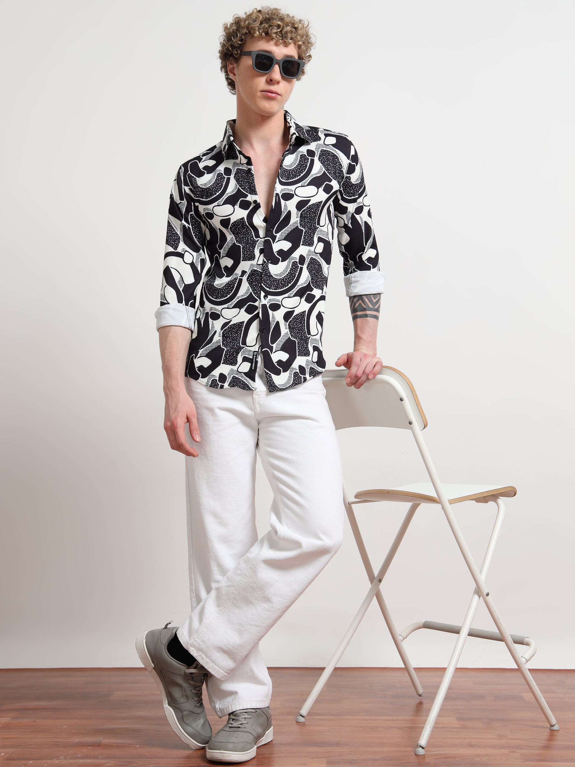 Poly Cotton Digital Black White Printed Shirt