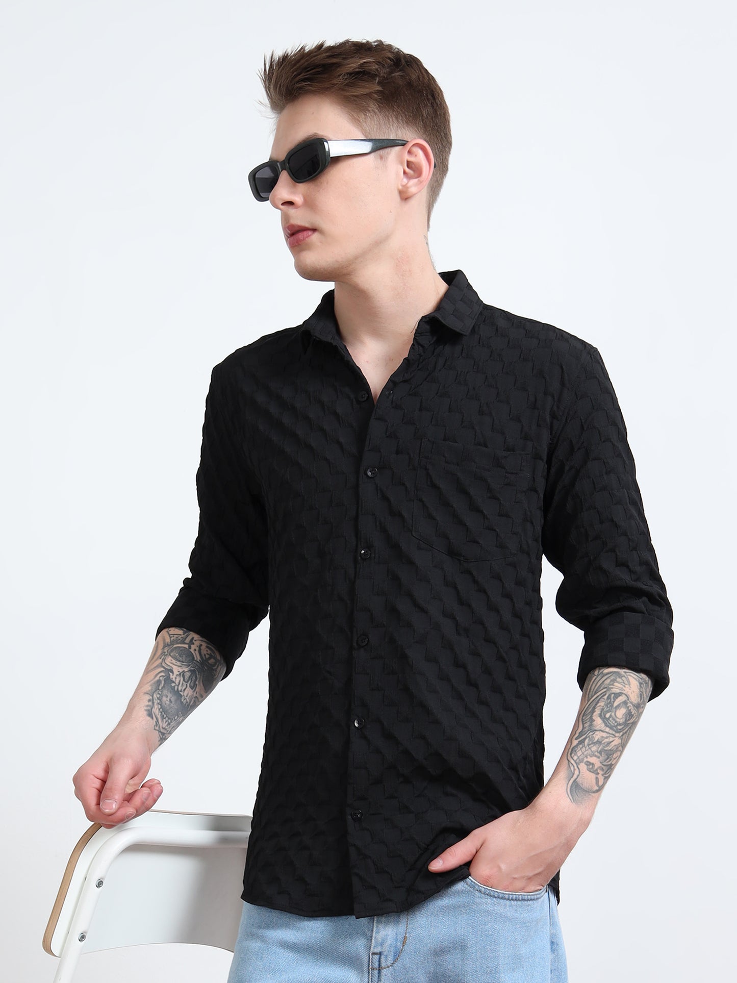 Full Sleeves textured Black Popcorn Shirt 