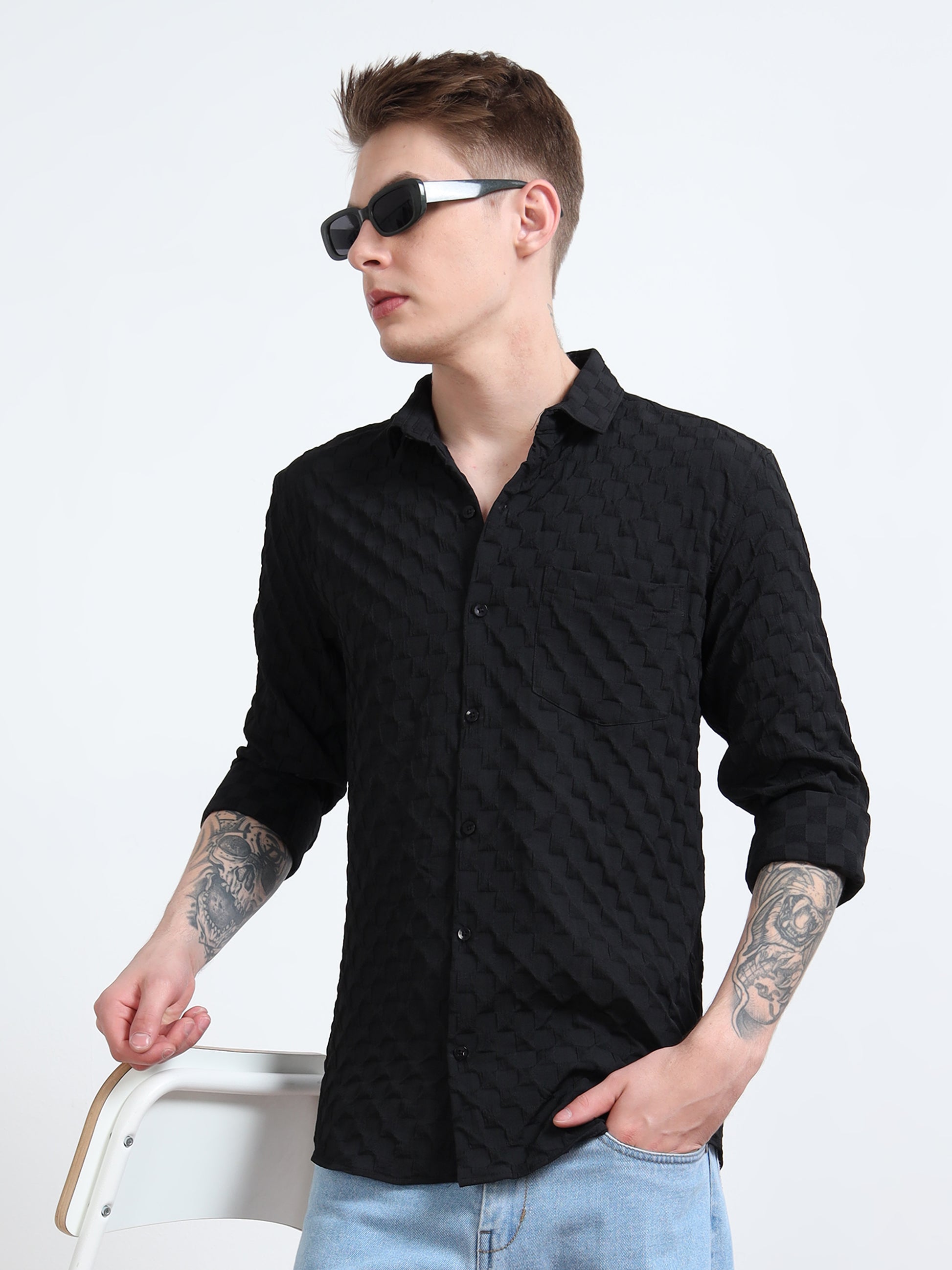 Full Sleeves textured Black Popcorn Shirt 