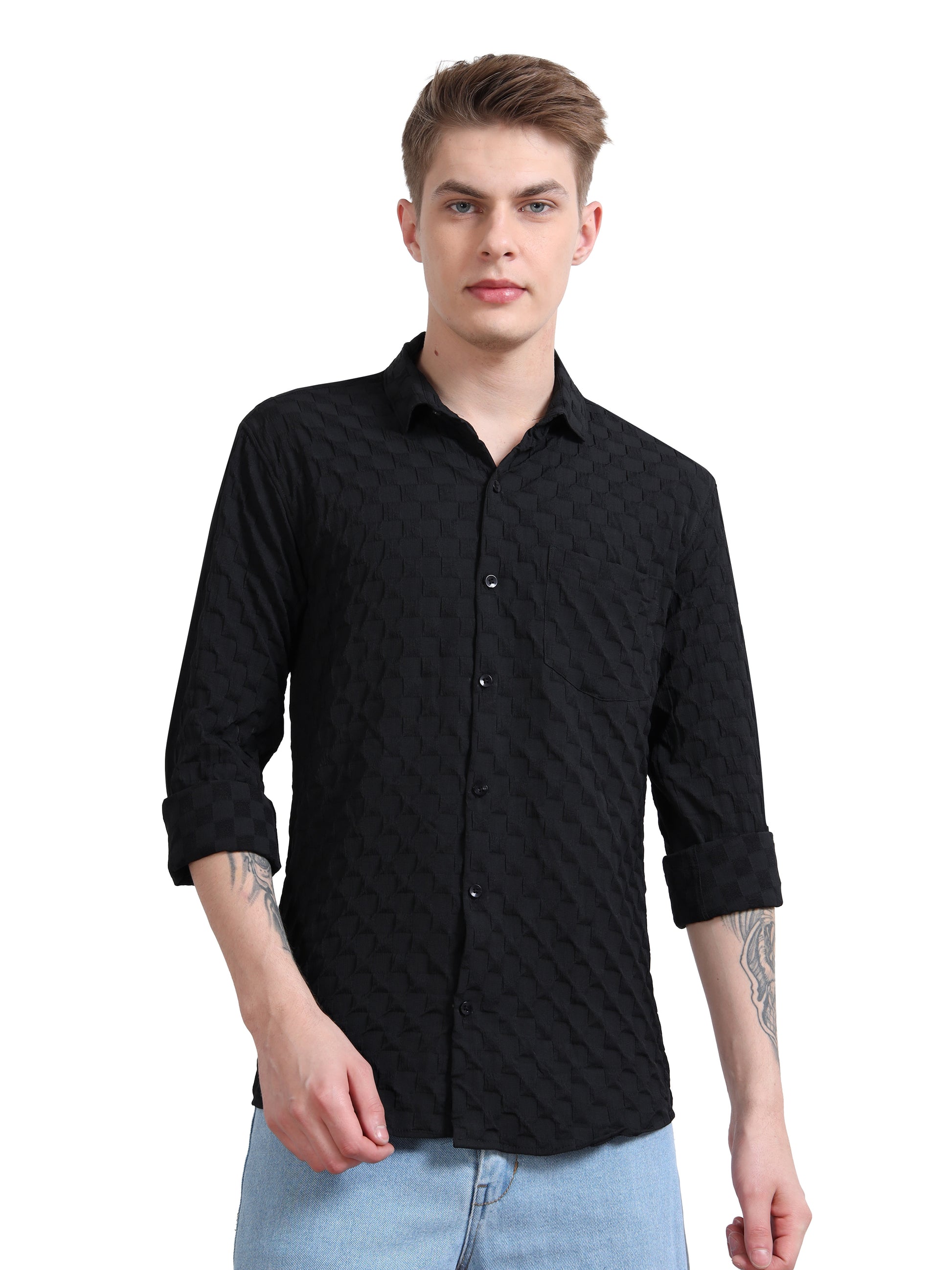 Full Sleeves textured Black Popcorn Shirt 