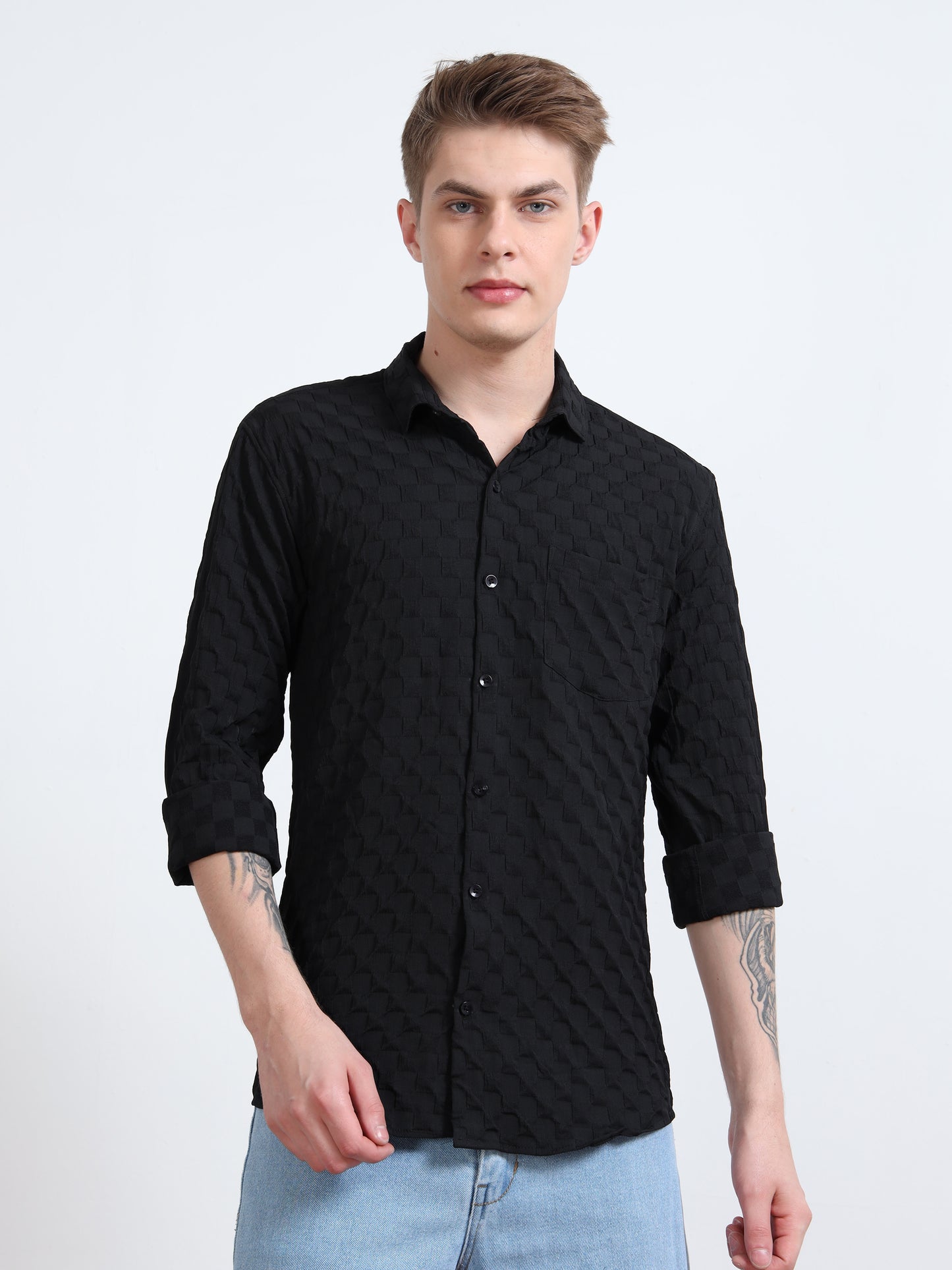 Full Sleeves textured Black Popcorn Shirt 