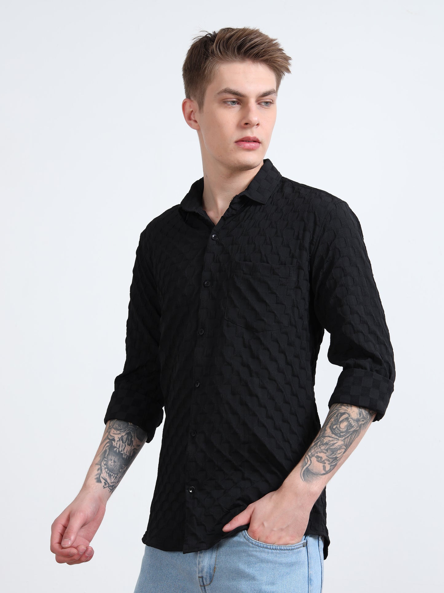 Full Sleeves textured Black Popcorn Shirt 