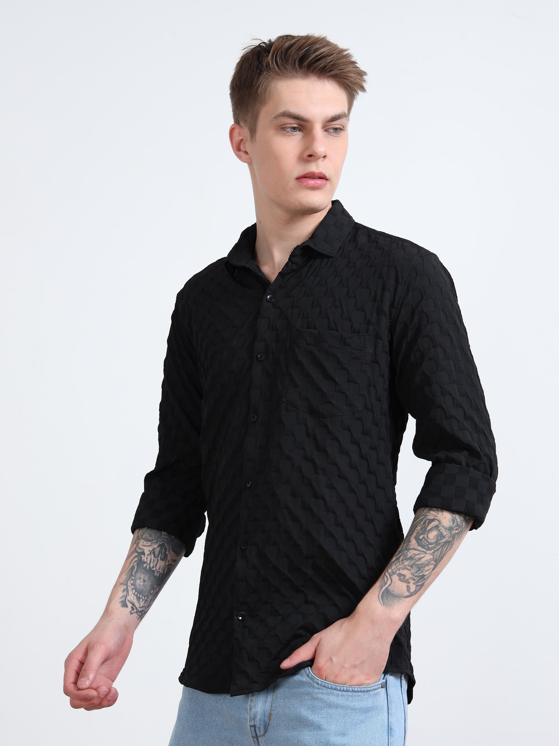 Full Sleeves textured Black Popcorn Shirt 