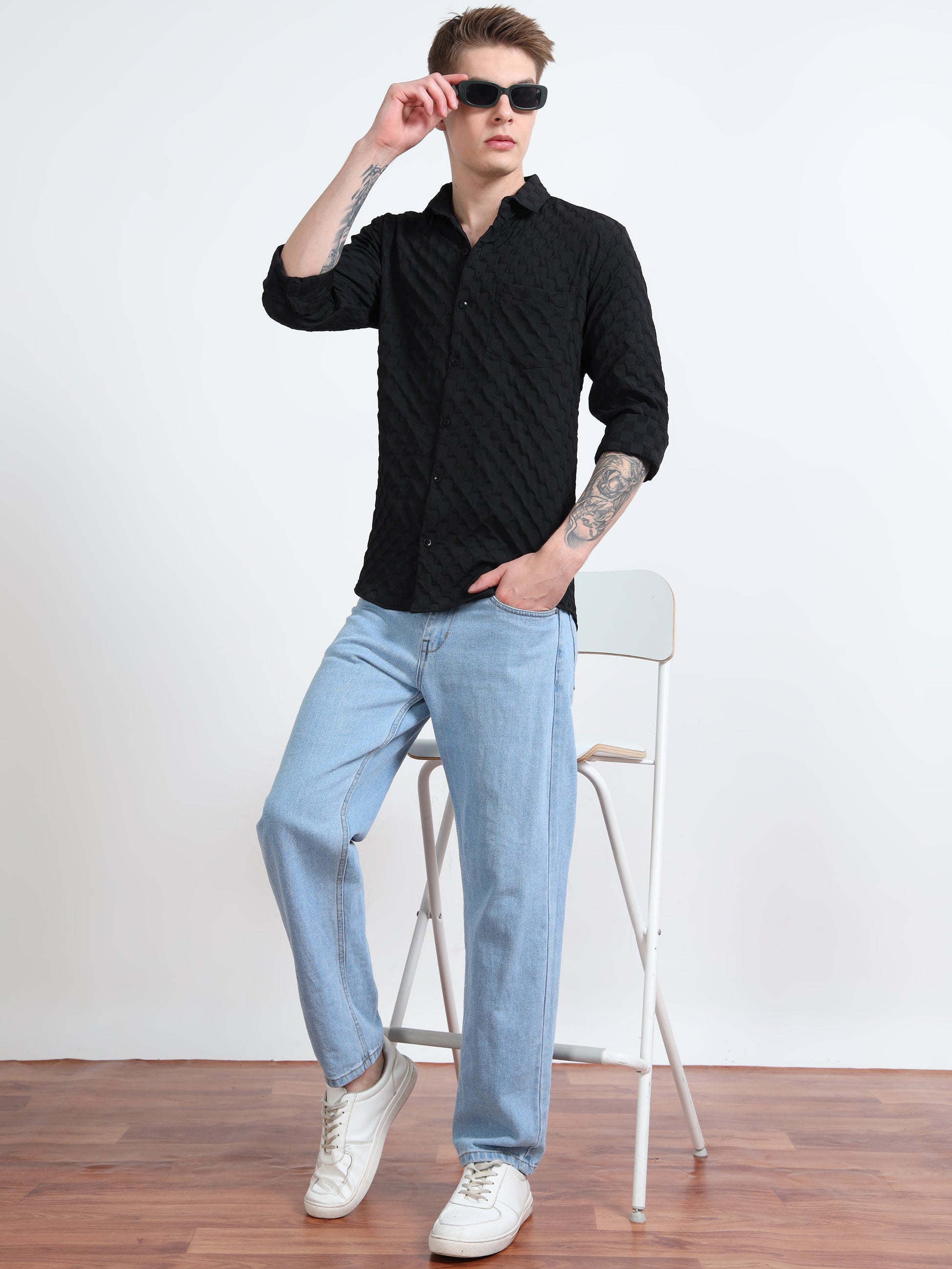 Full Sleeves textured Black Popcorn Shirt 