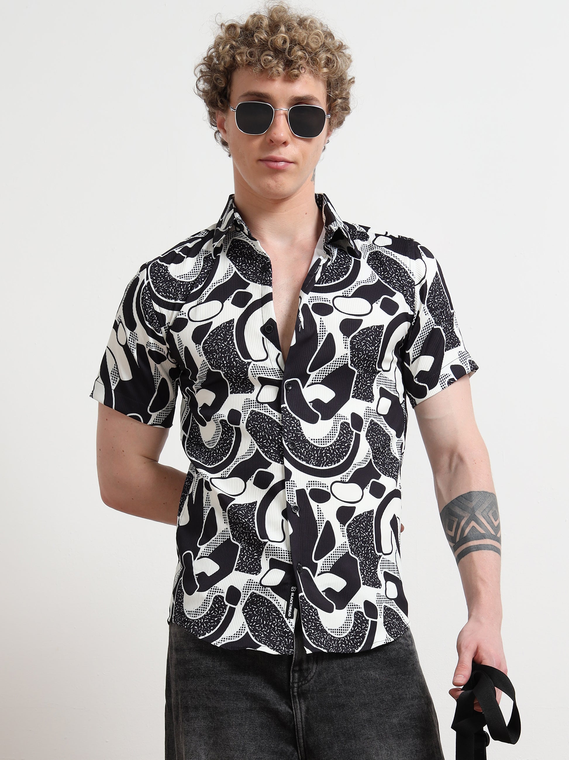 Poly Cotton Digital Black And White Print Shirt for Men