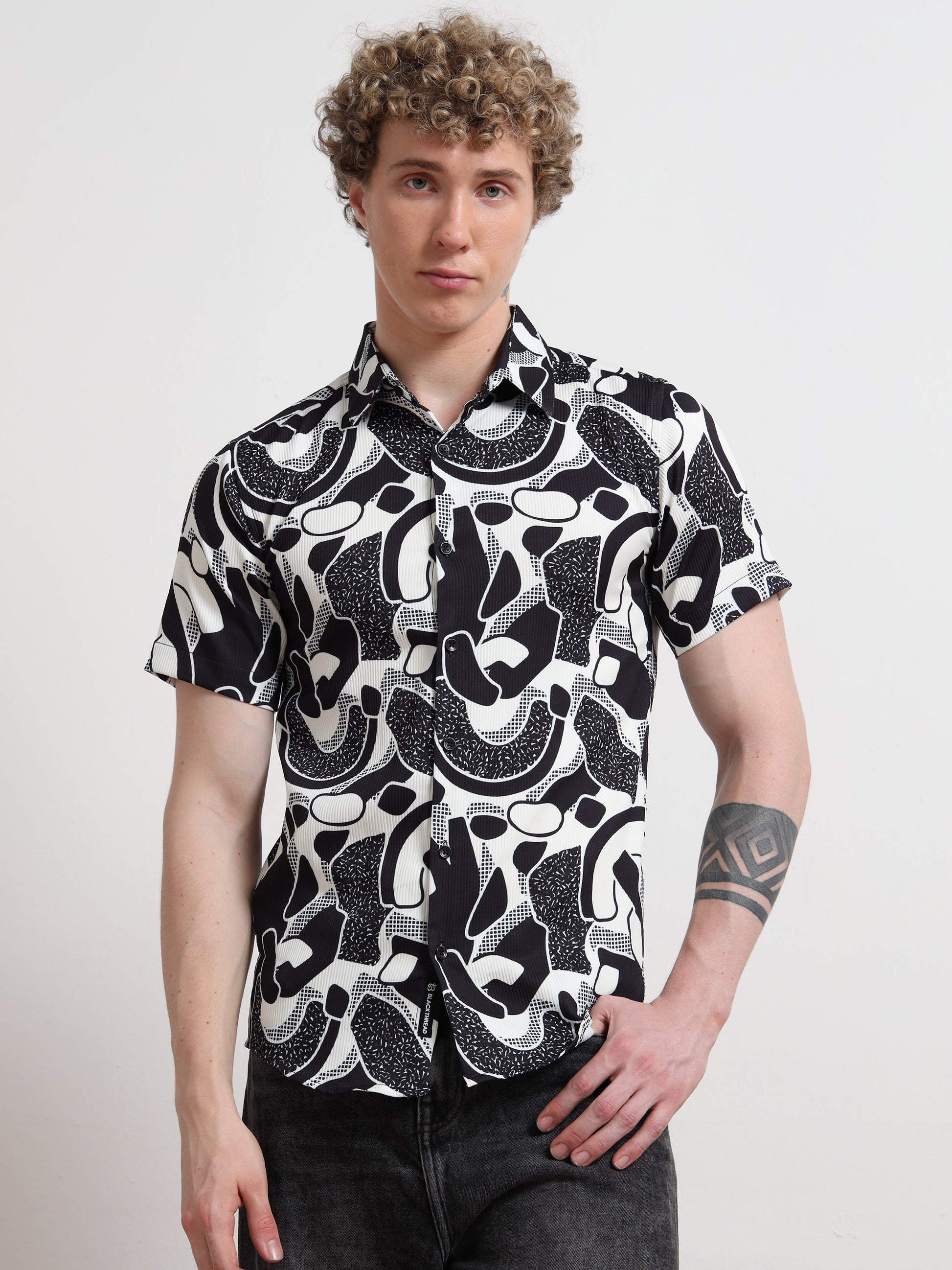 Poly Cotton Digital Black And White Print Shirt for Men