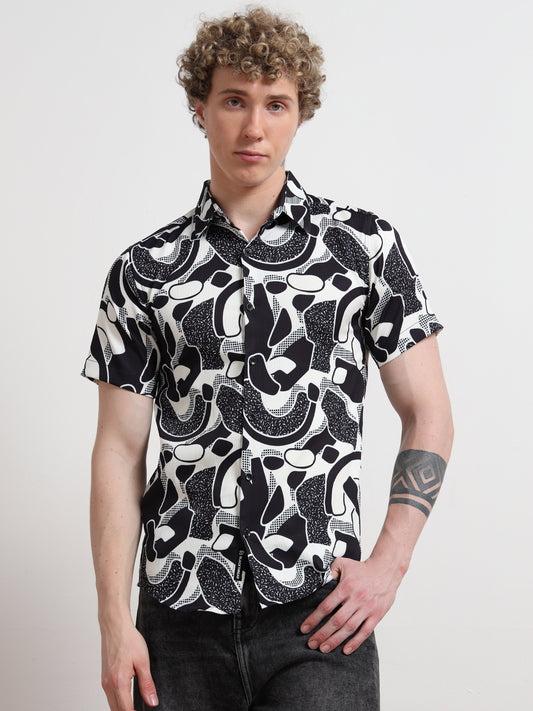 Black & White Half Sleeve Poly Cotton Digital Print Shirts